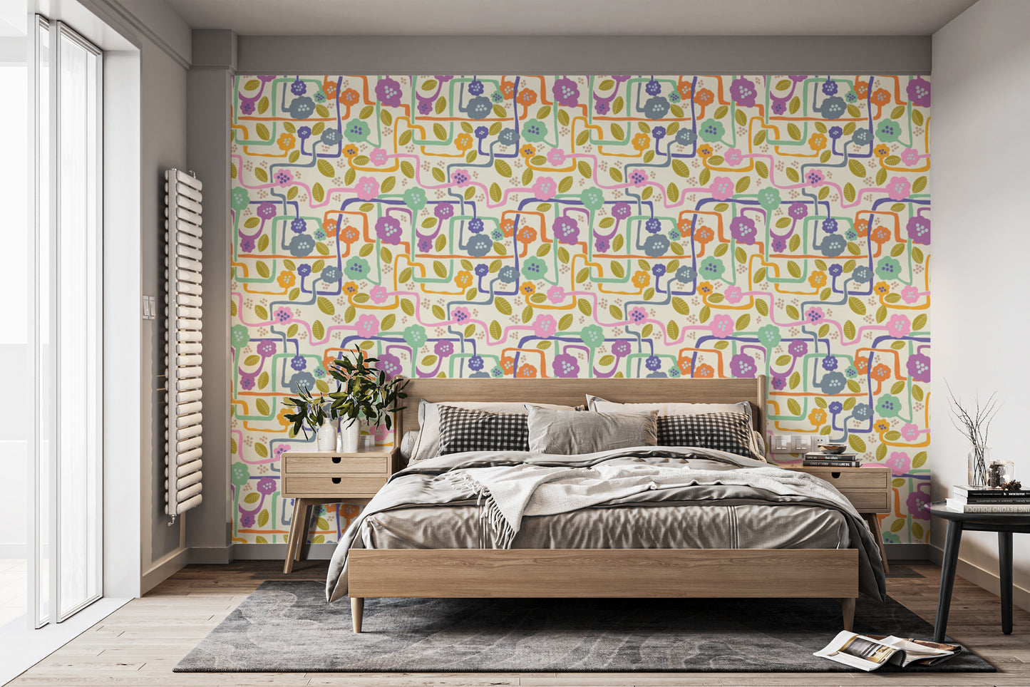 Blooming whimsy tapestry wallpaper with vibrant floral design.
