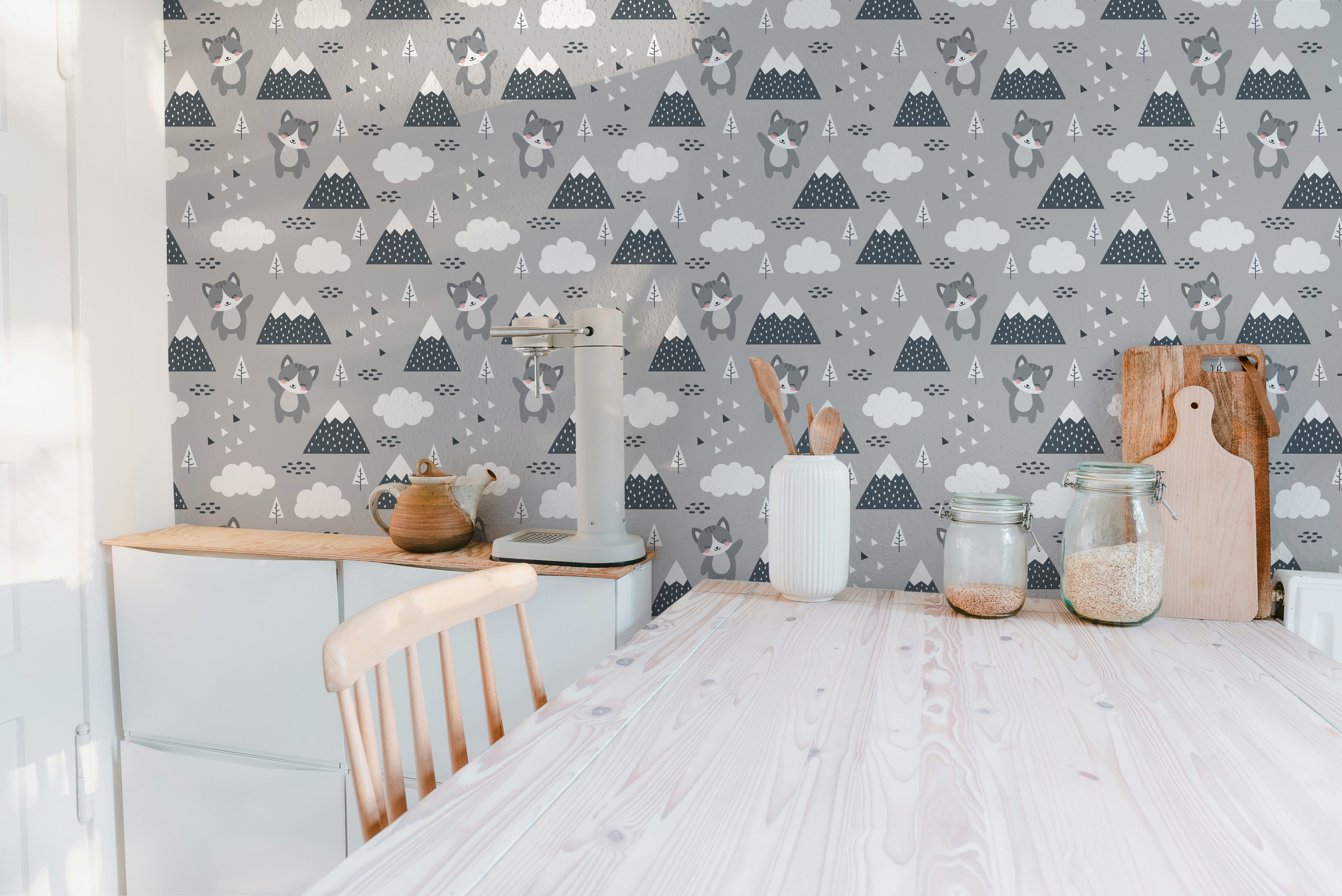 Scandinavian kitty forest wallpaper design