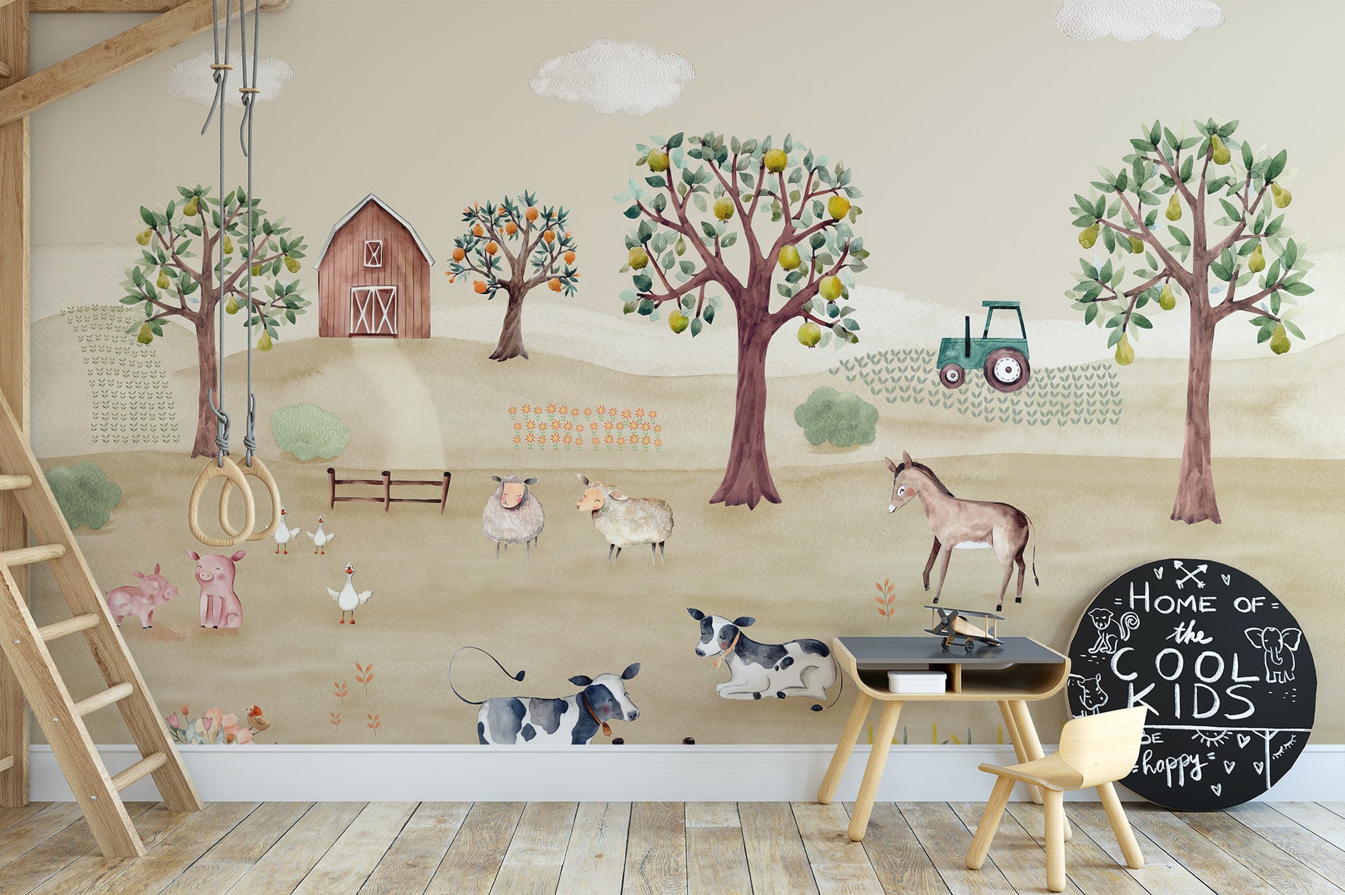 Charming barnyard bliss mural perfect for rustic decor themes.