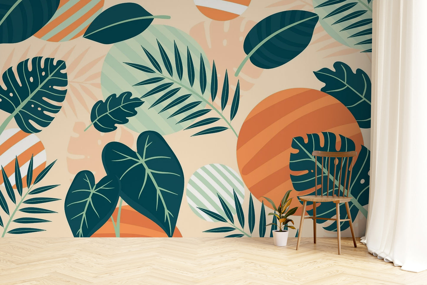 Green Orange Beige Leaves Wallpaper Mural