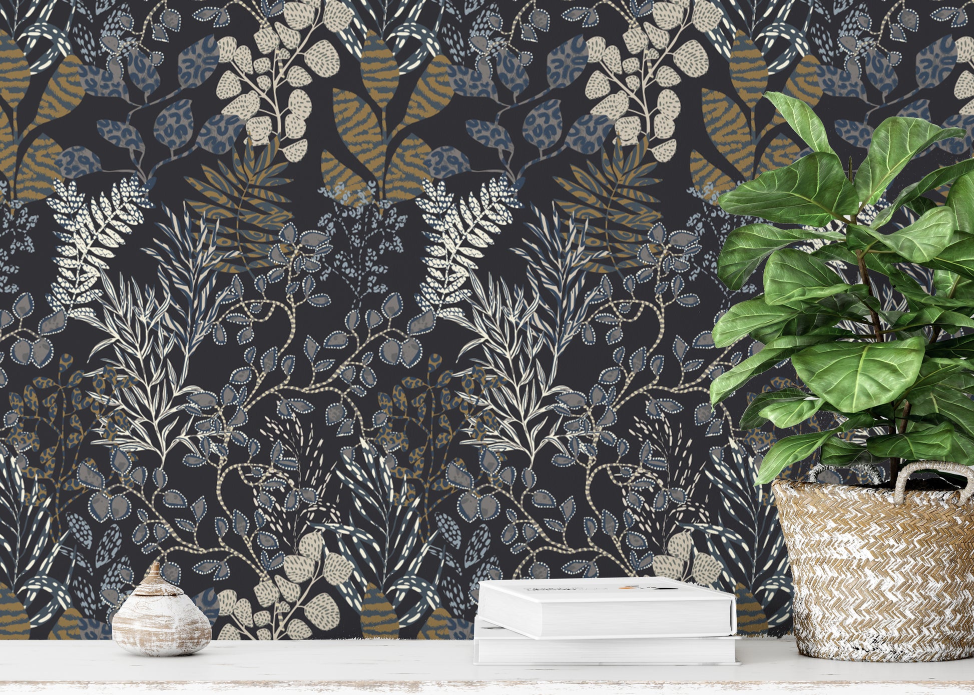 Elegant Botanical Gold Leaf on Midnight Wall Mural
