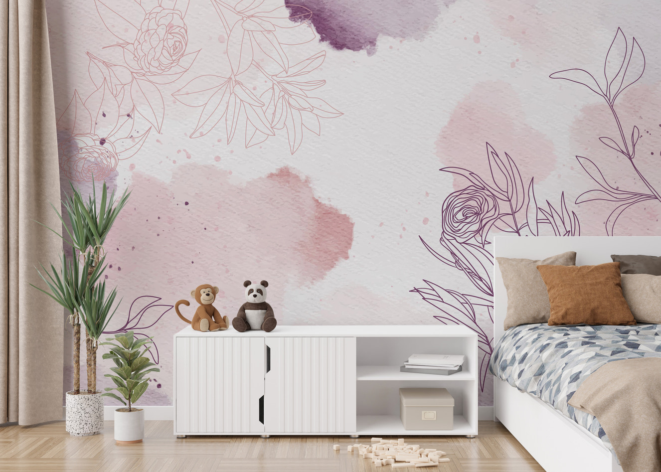 Pastel Pink Purple Watercolor Floral Wallpaper