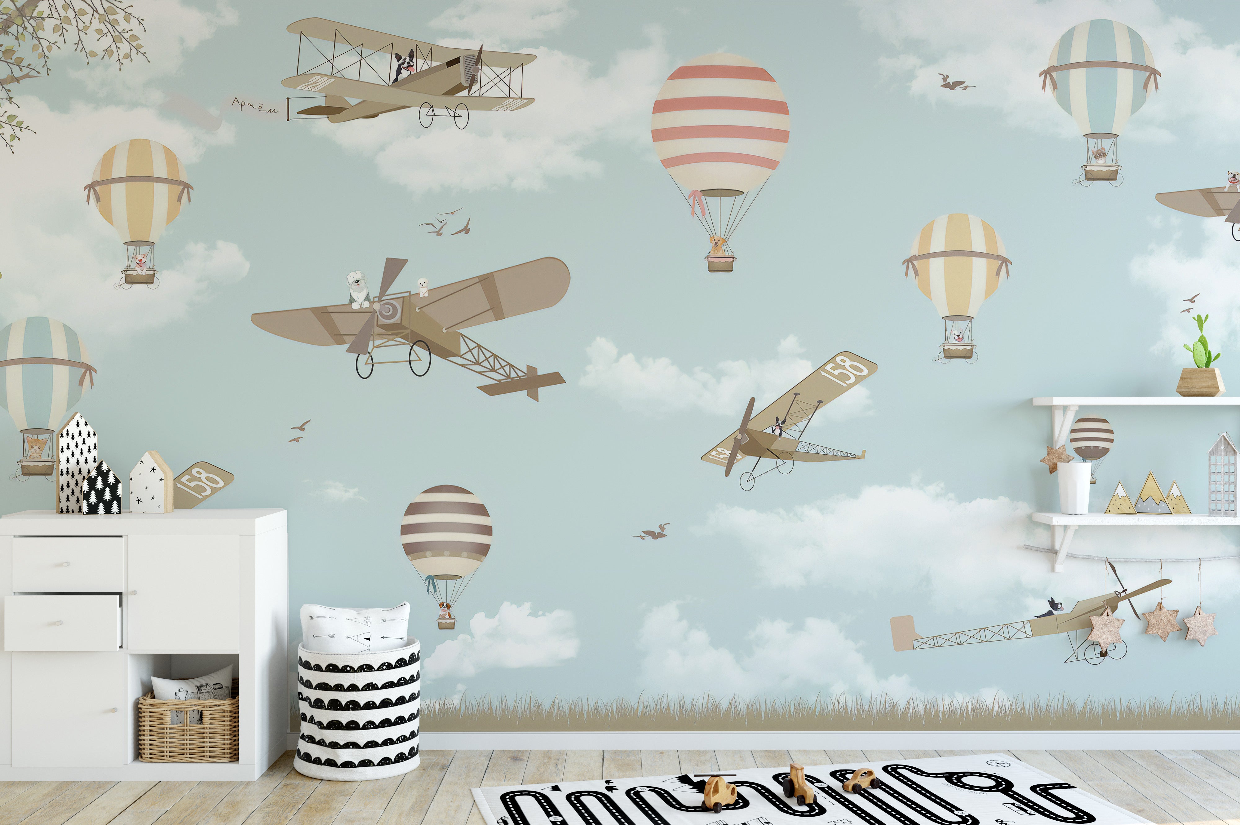 Colorful hot air balloons and planes wallpaper design
