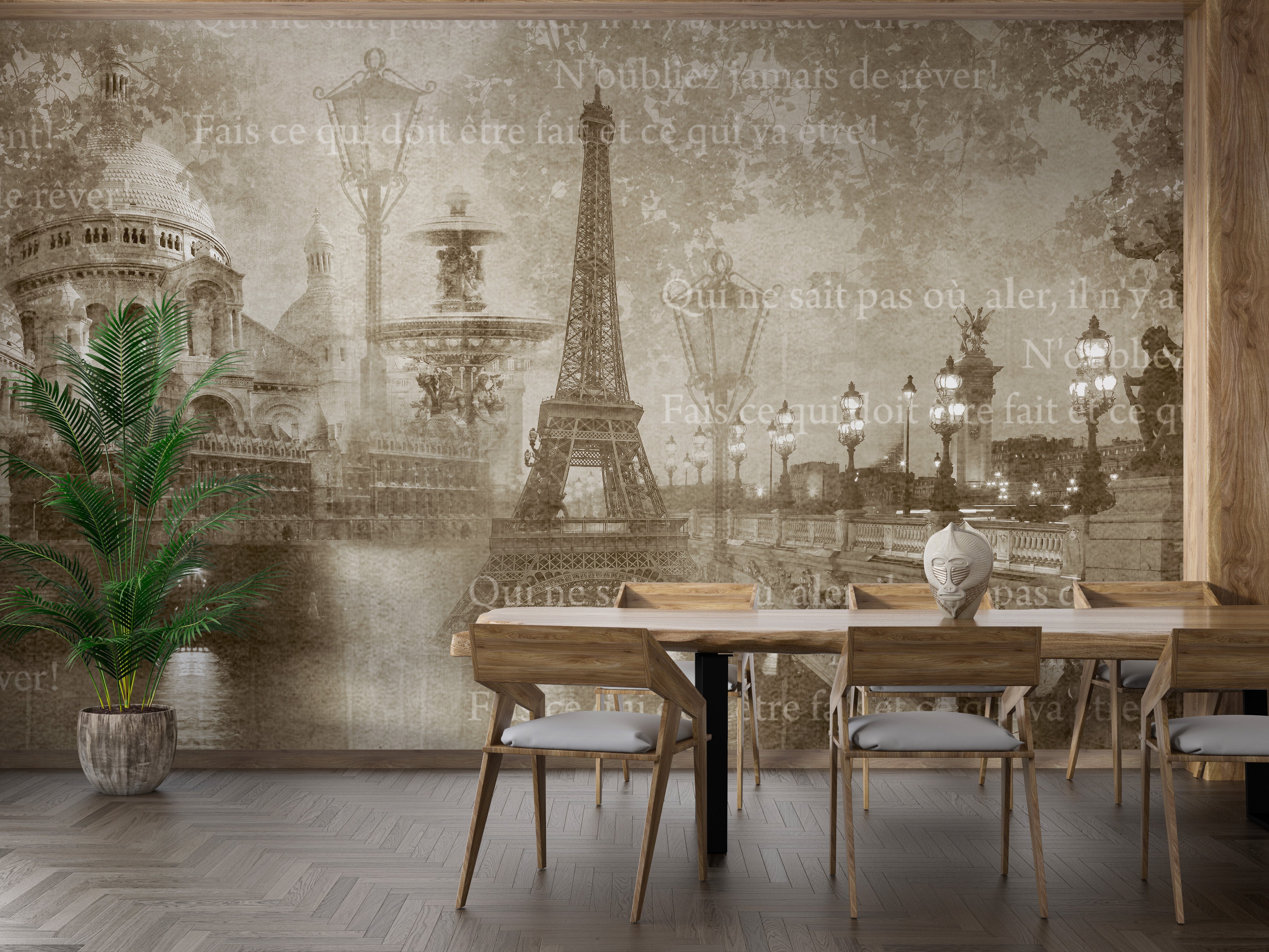 Vintage mural of Paris city landmarks