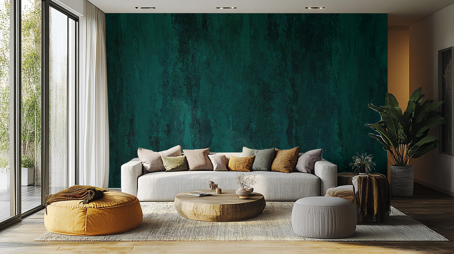 Teal grunge wallpaper creates a bold living room look