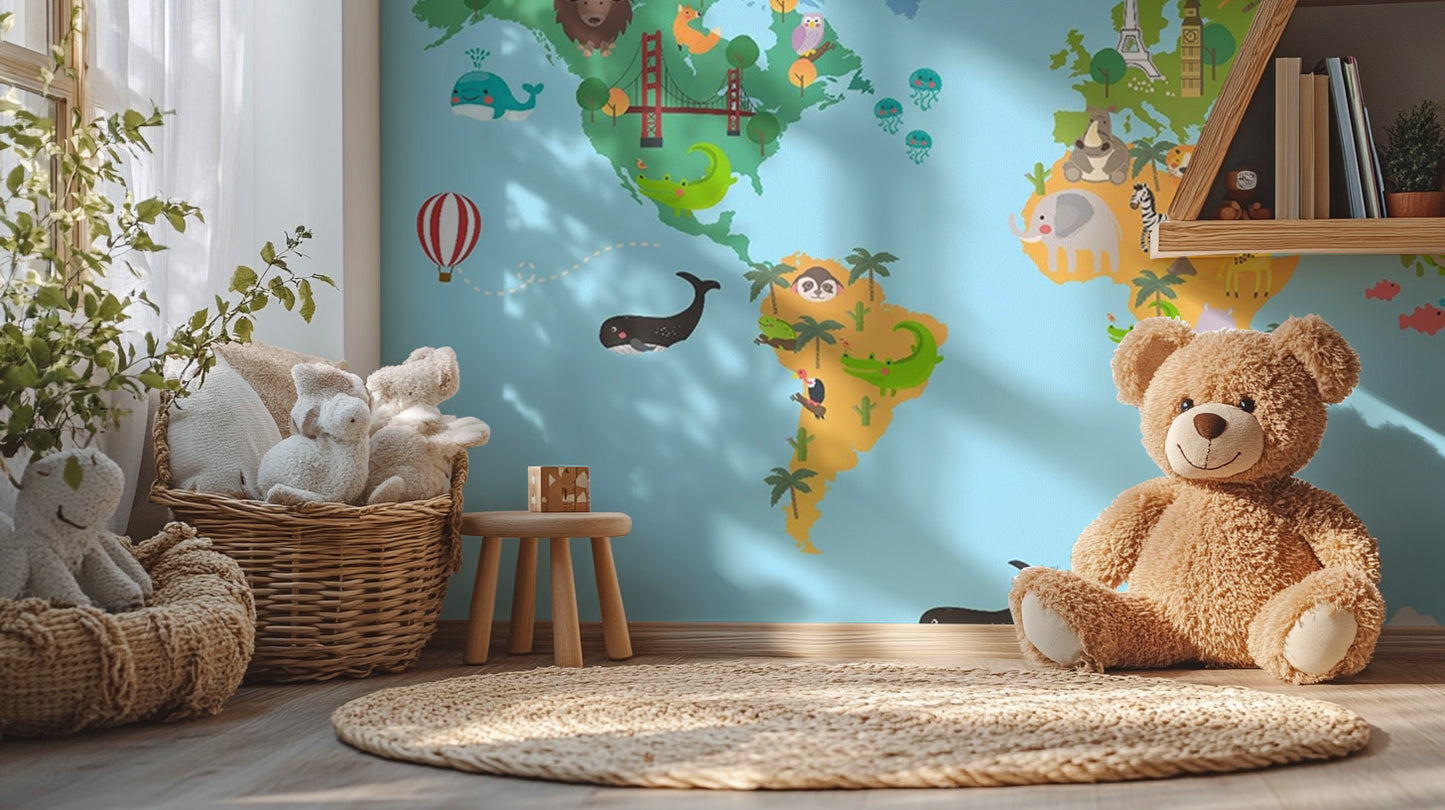 Kids World Map Animal Wallpaper Mural