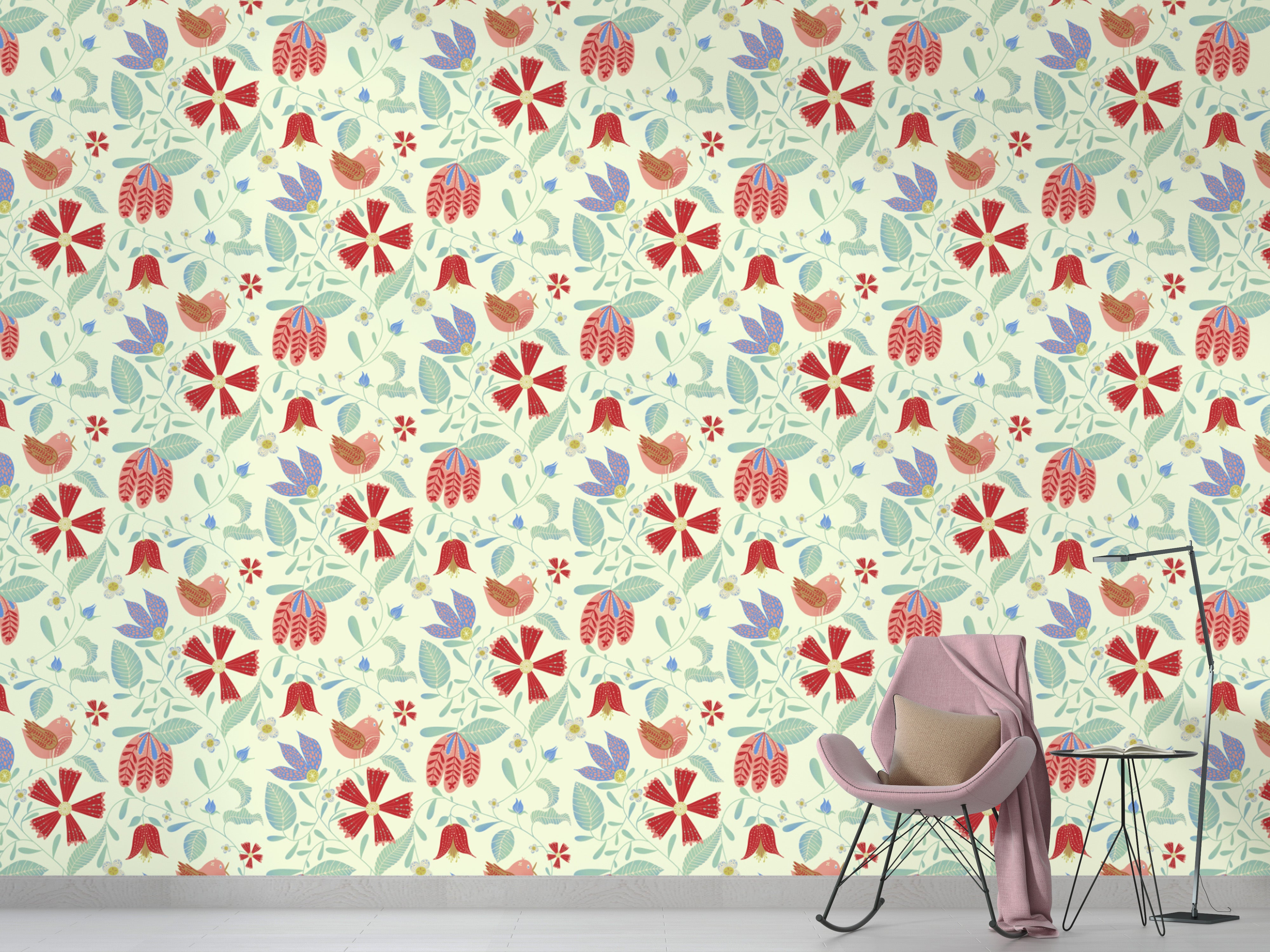 Elegant wallpaper featuring classic folksy bird illustrations.
