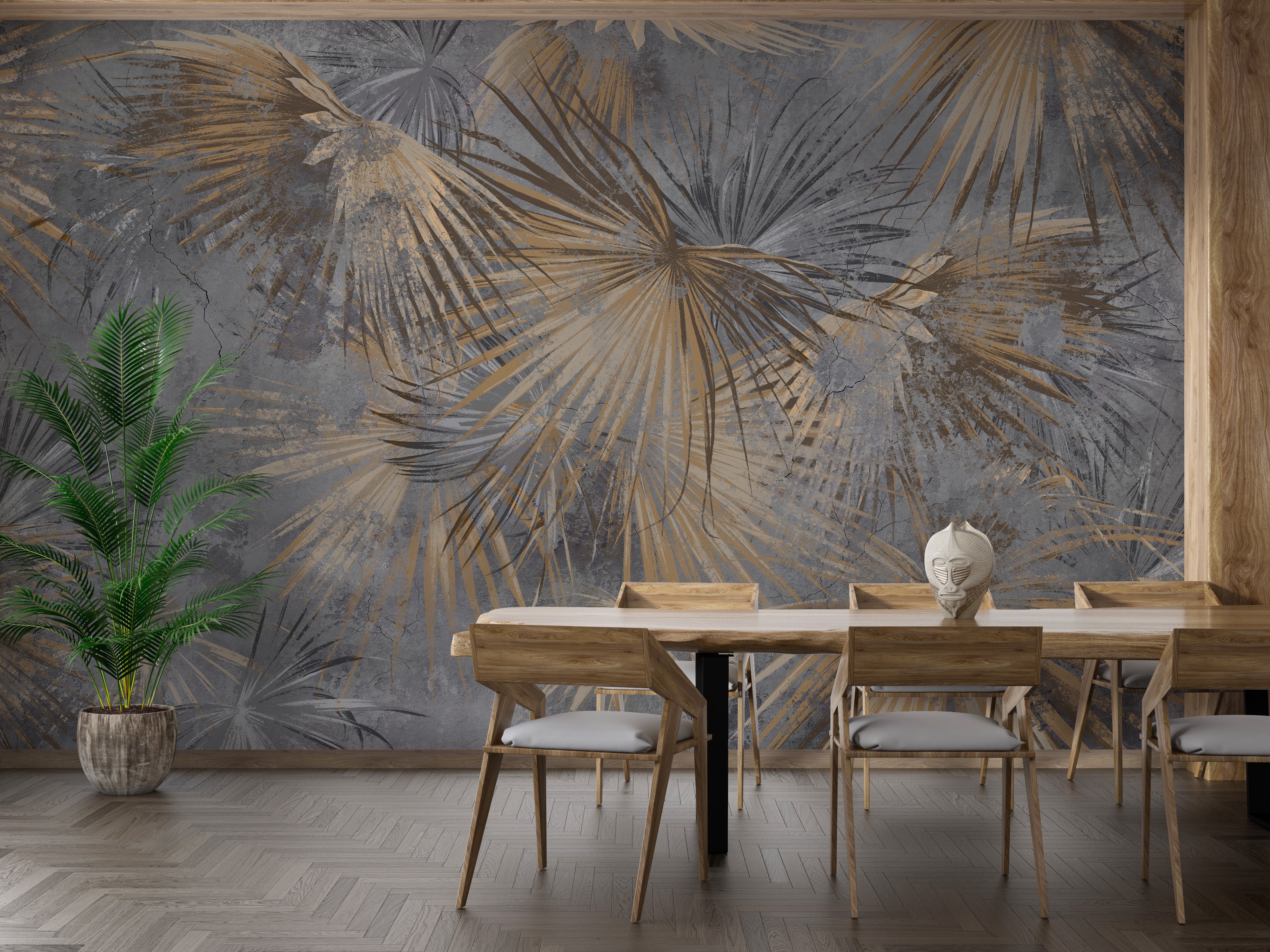 Tropical mural featuring golden leaves