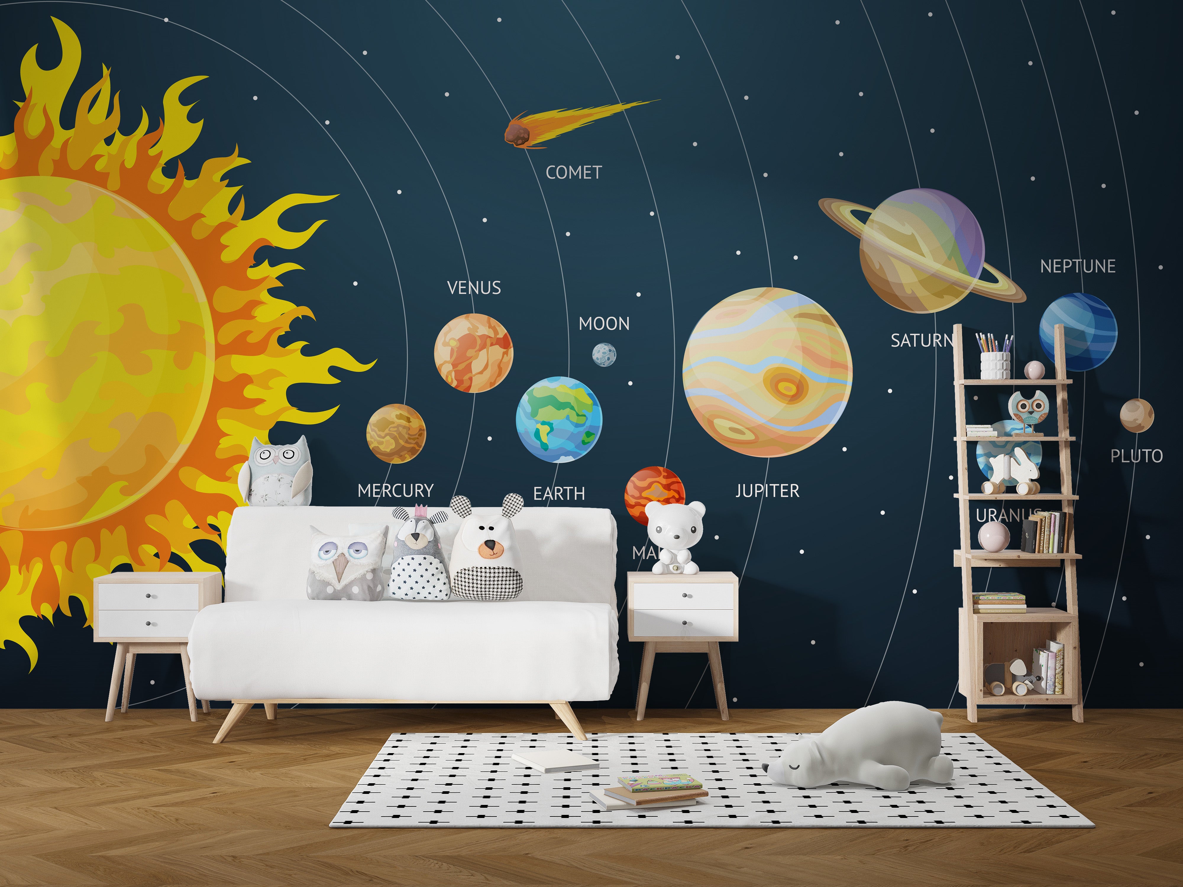 Vibrant solar system mural with planets and comet