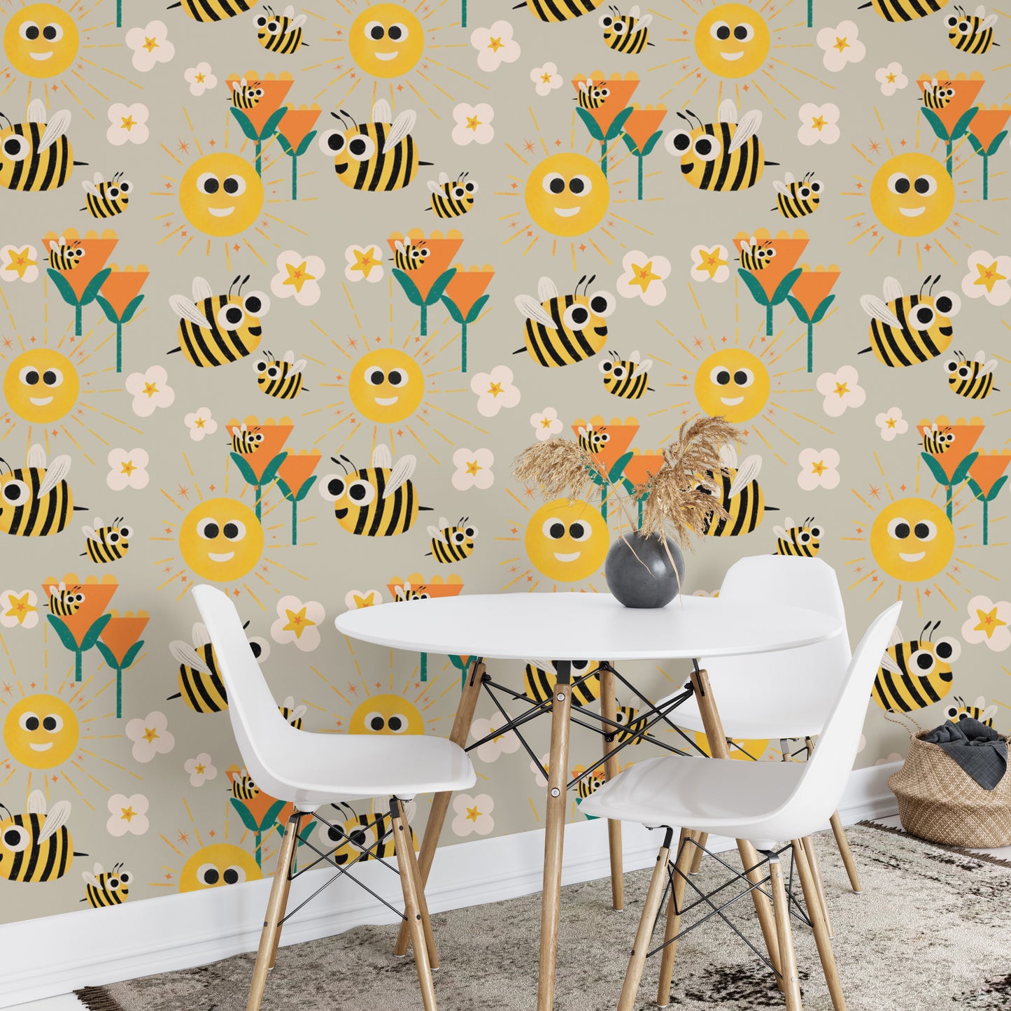 Whimsical bee and flower wallpaper for nurseries
