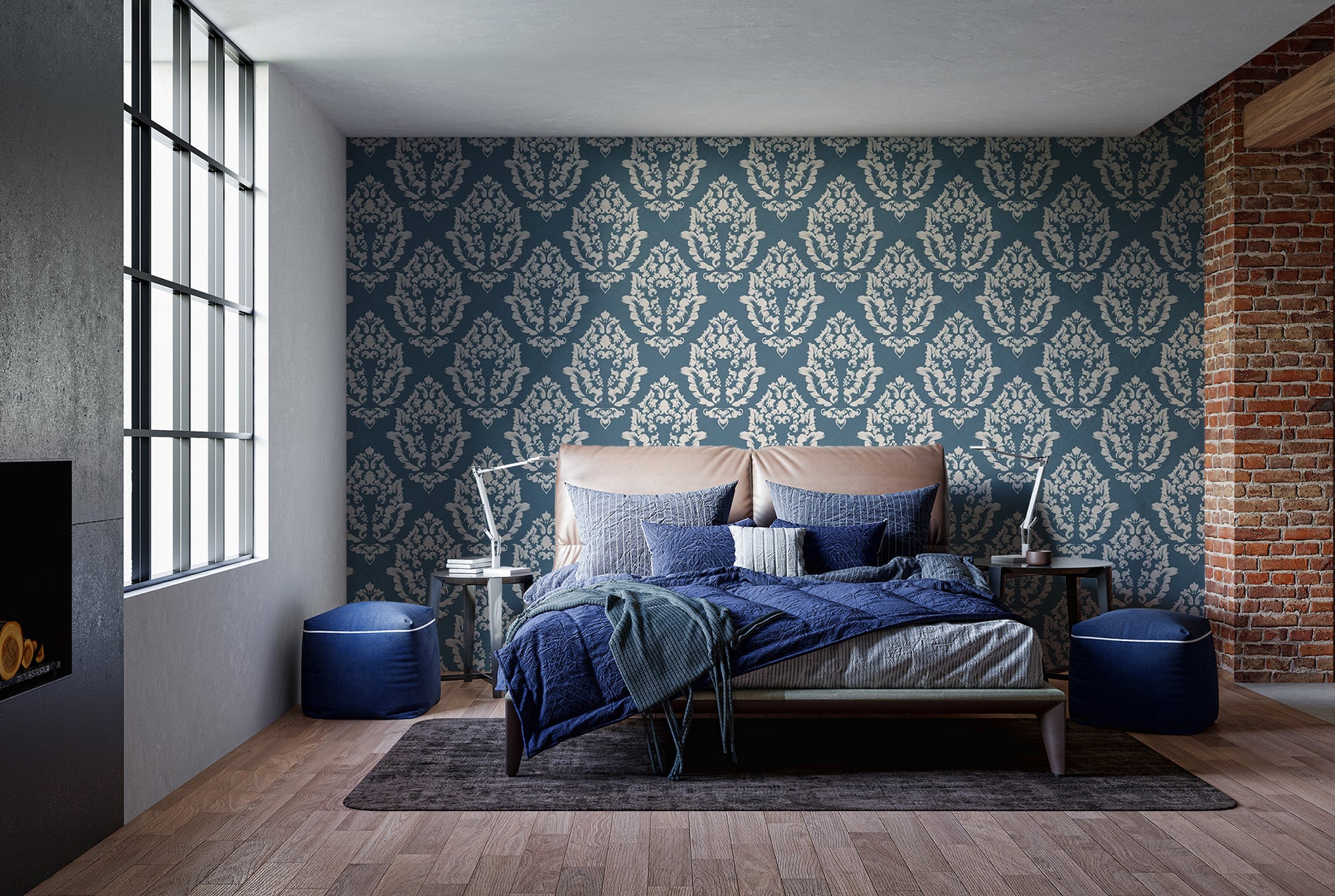 Royal blue damask wallpaper mural elegance
