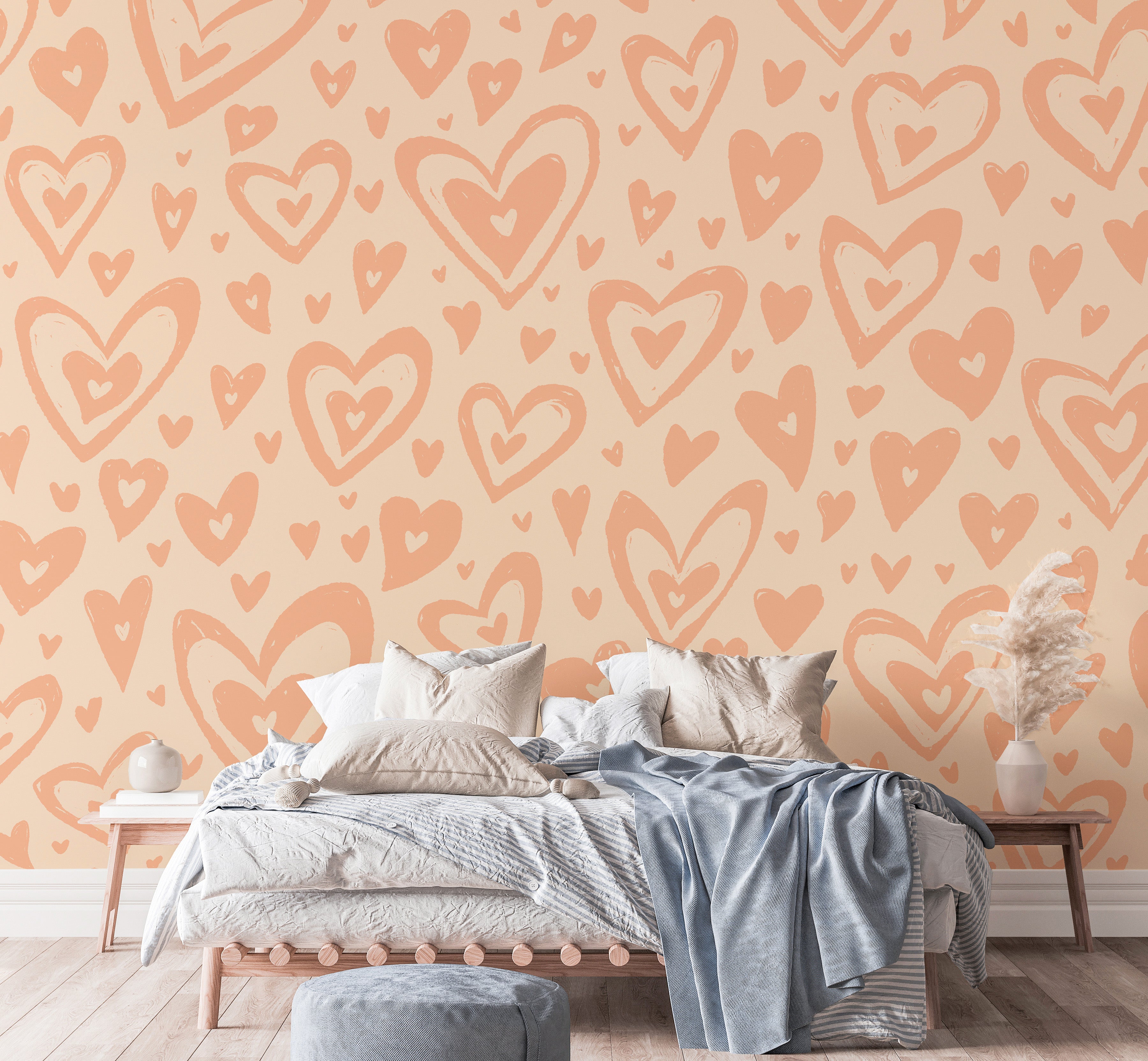 Modern peach hearts wallpaper mural for a chic touch.
