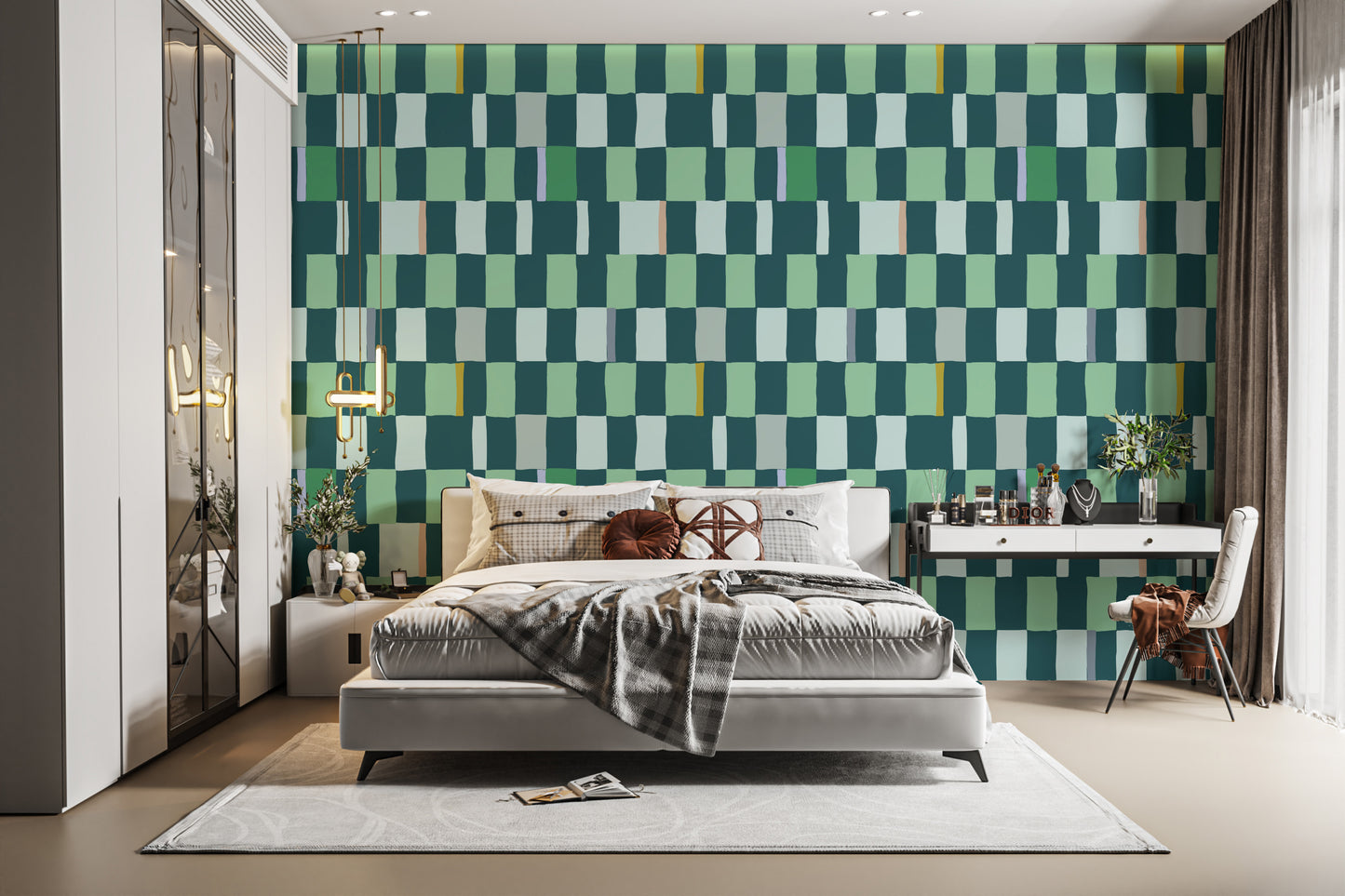 Bold chic summer checkered wallpaper for dynamic wall styling.
