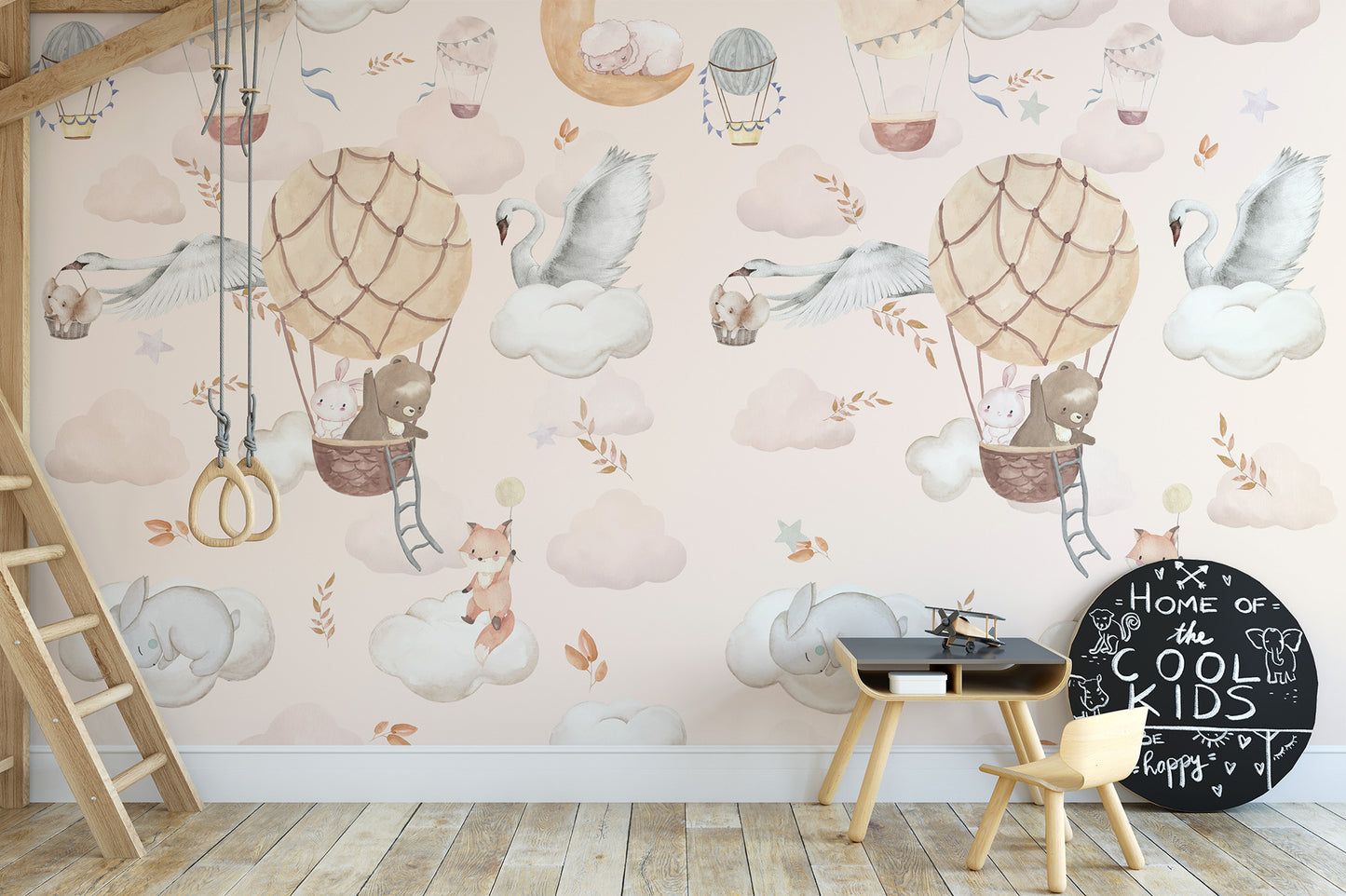 Gentle animal mural for children space
