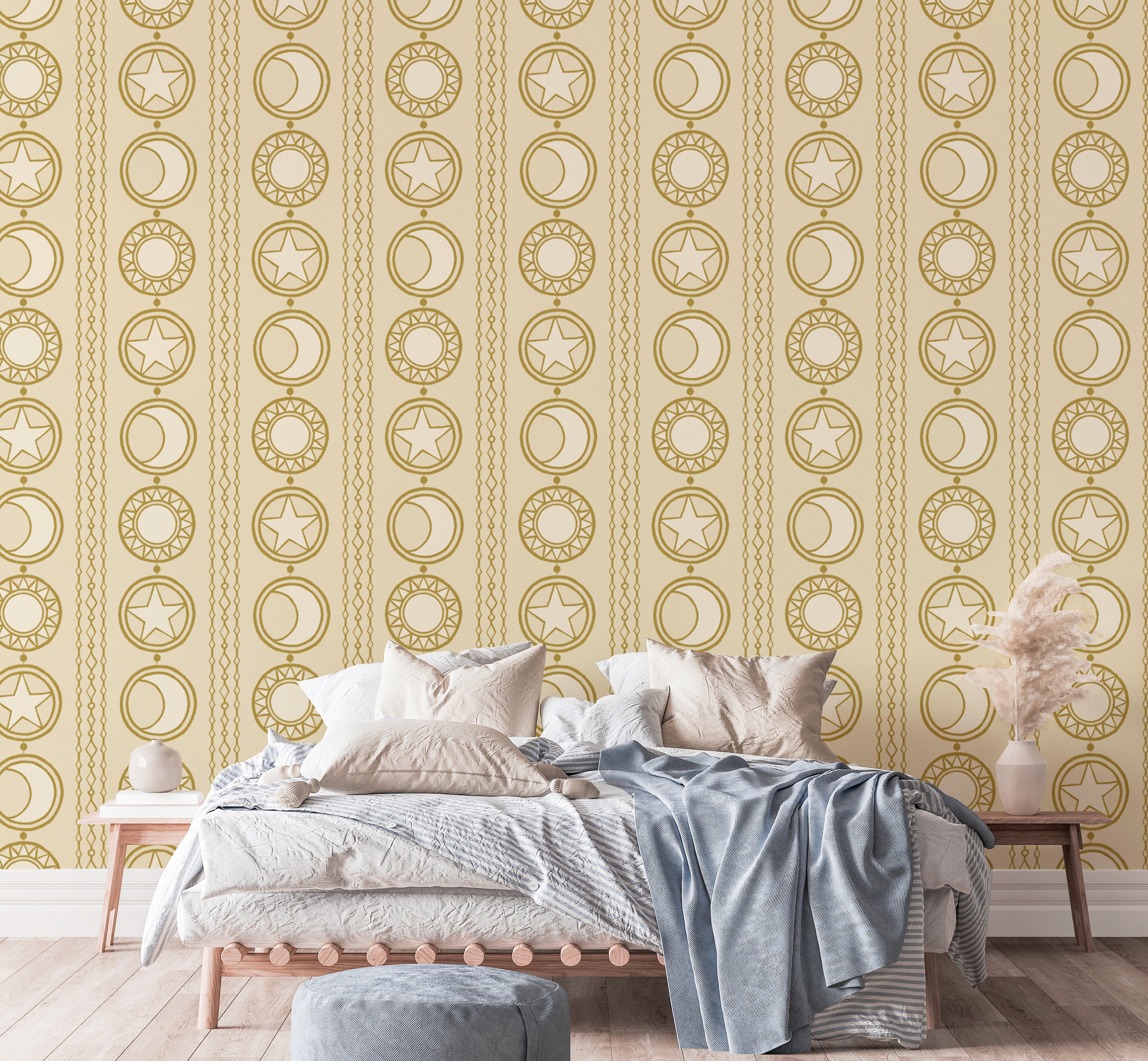 Sophisticated celestial medallions mural for unique wall styling.
