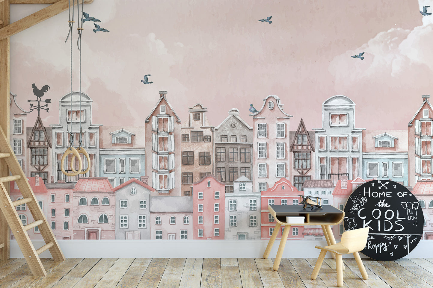 Charming girls' room wallpaper in blush hues
