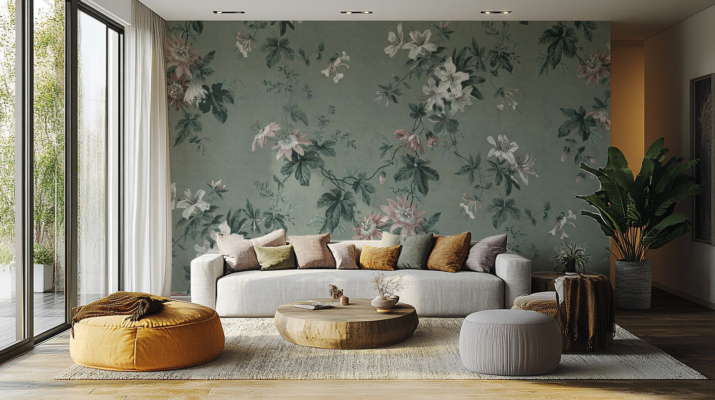 Timeless green chinoiserie pattern wall mural