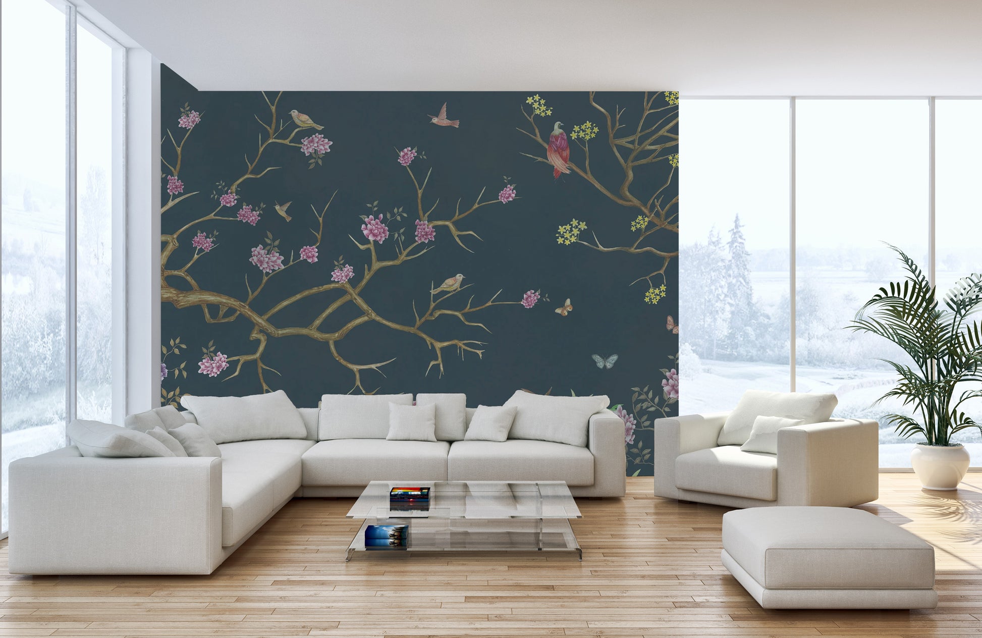 Timeless chinoiserie wallpaper featuring floral motifs