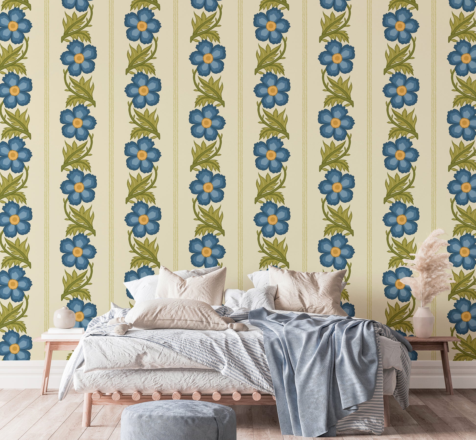 Charming floral stripe blue wallpaper for cozy, classic walls.
