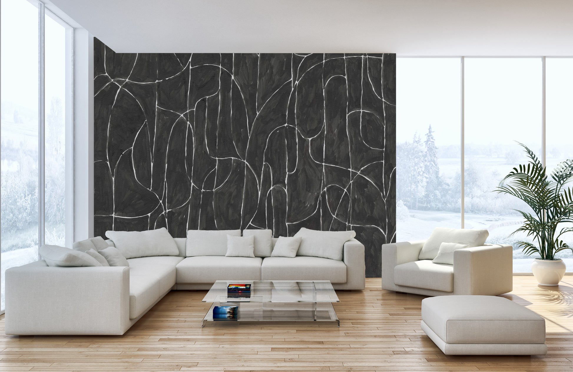 Textured black boulder beach wall mural design