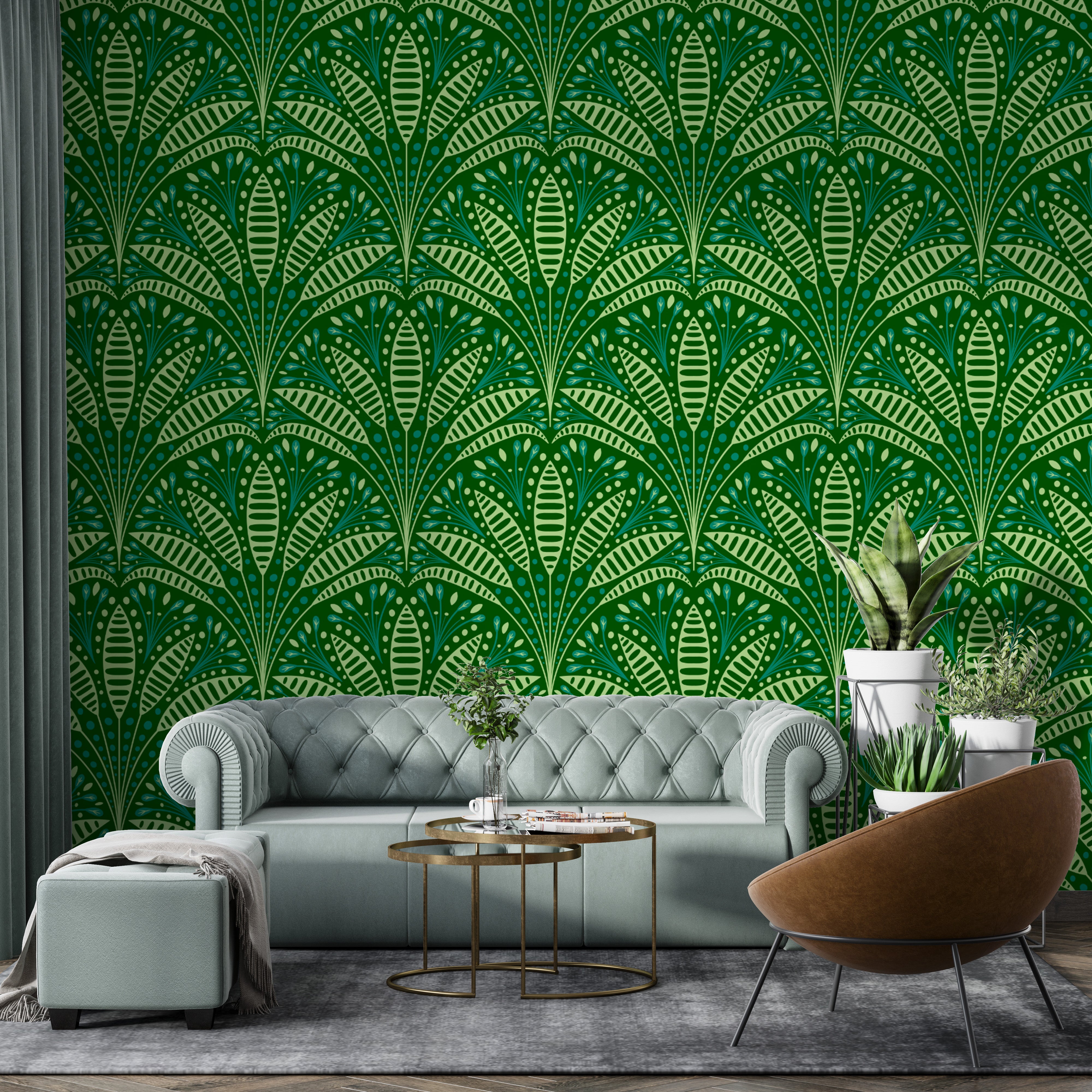 Timeless Art Deco palm wallpaper with lush green foliage.
