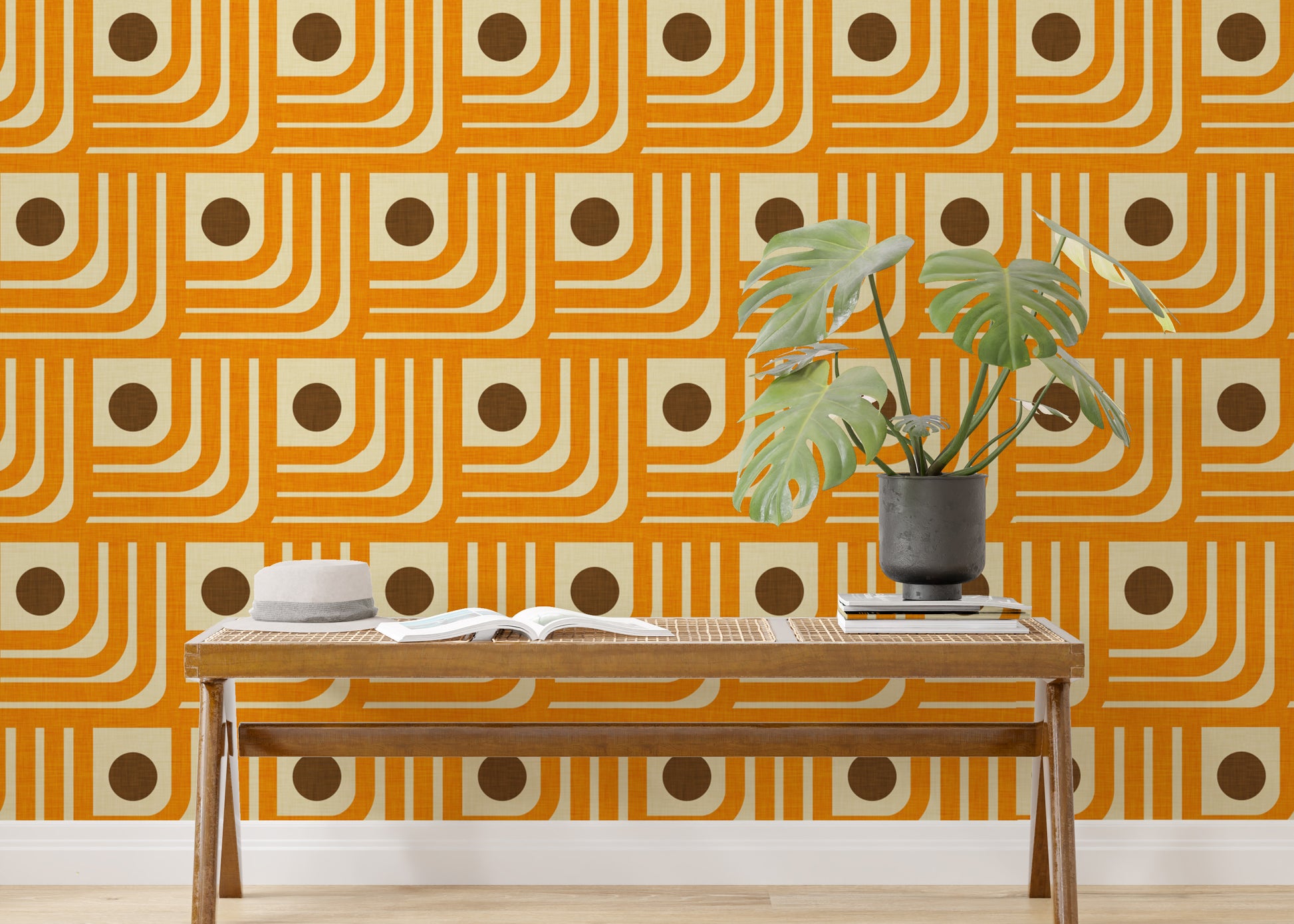 Geometric orange and brown mural design
