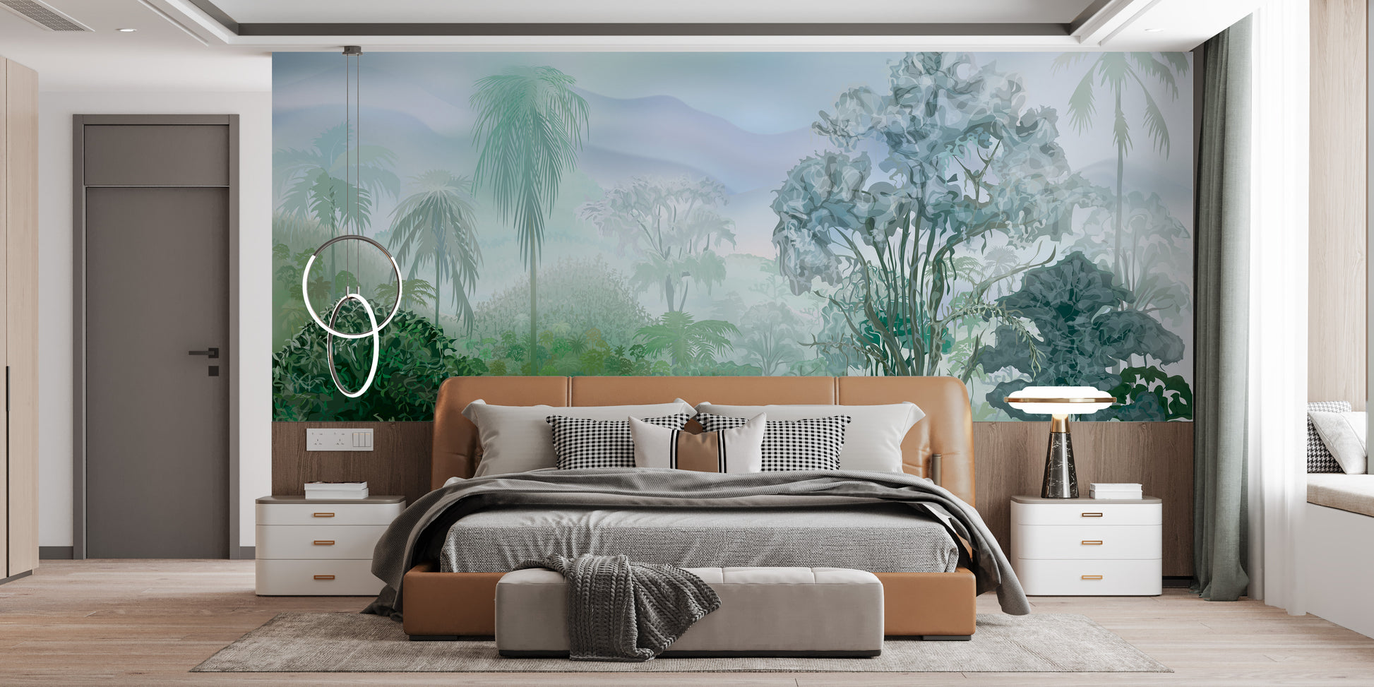 Vibrant greenery in tropical mural style