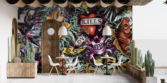 Vibrant tattoo-inspired wallpaper with graffiti art style.
