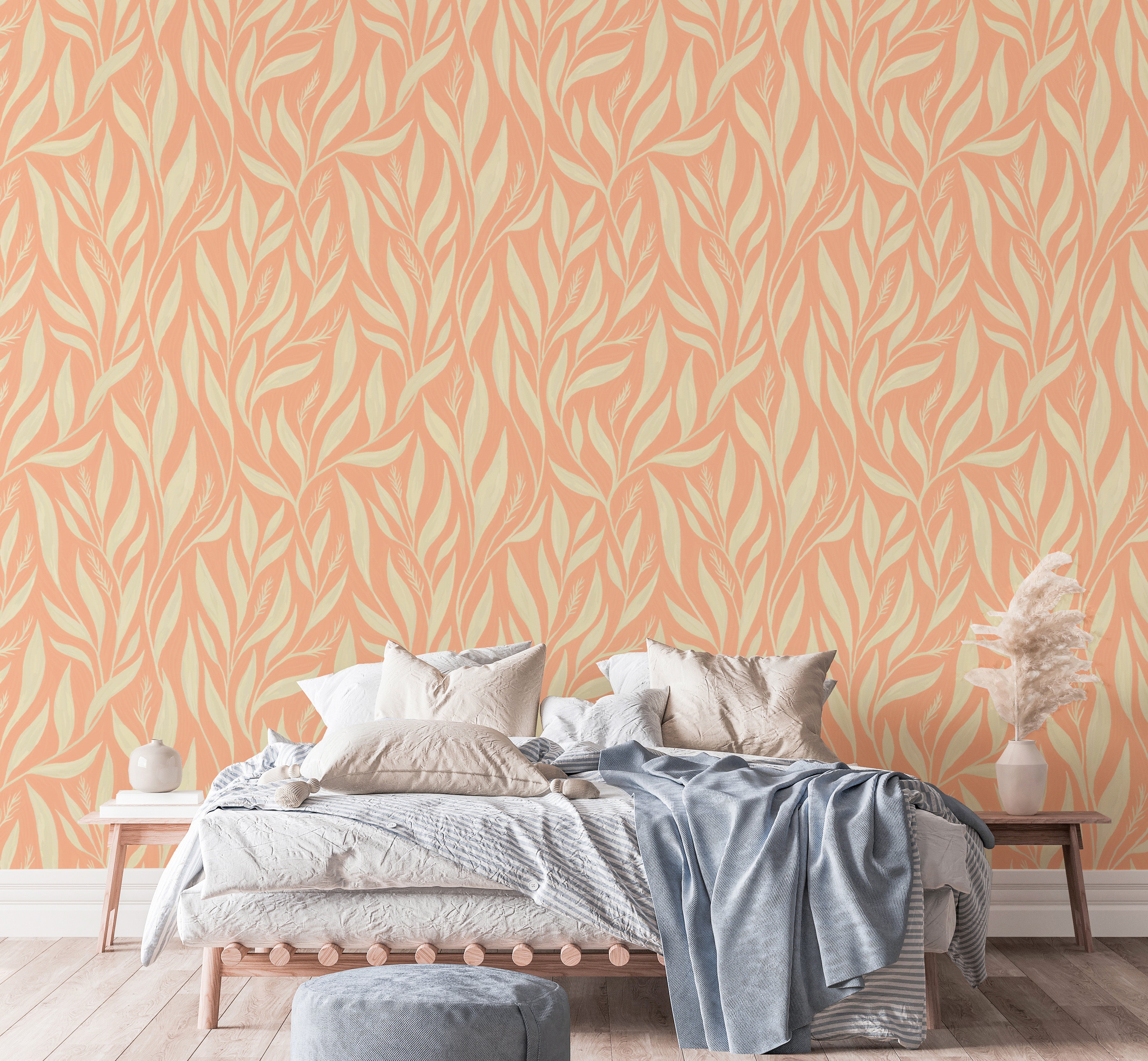 Soft peach wallpaper with white leaf design for bedroom
