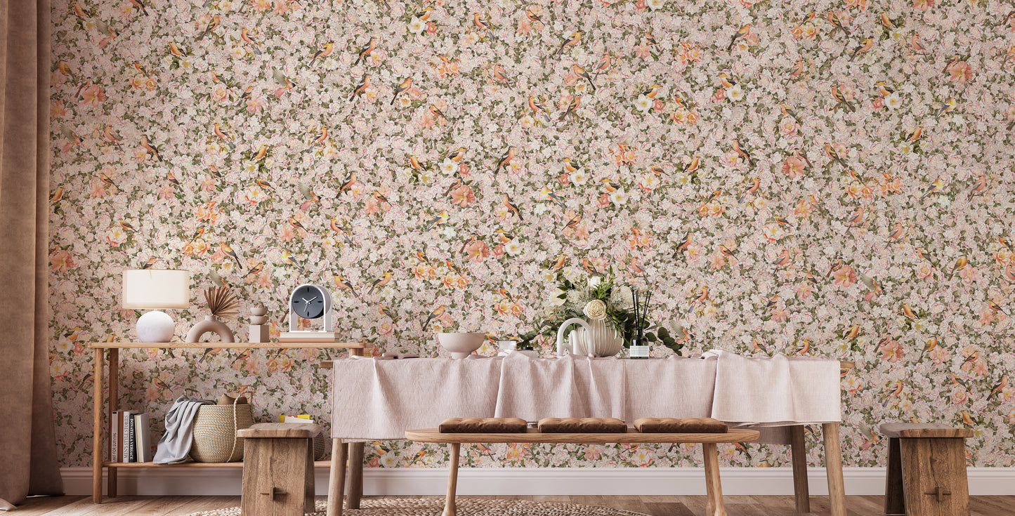 Birds and Florals Orange Color Wallpaper Mural