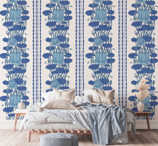 Blue lotus stripe wallpaper with floral design
