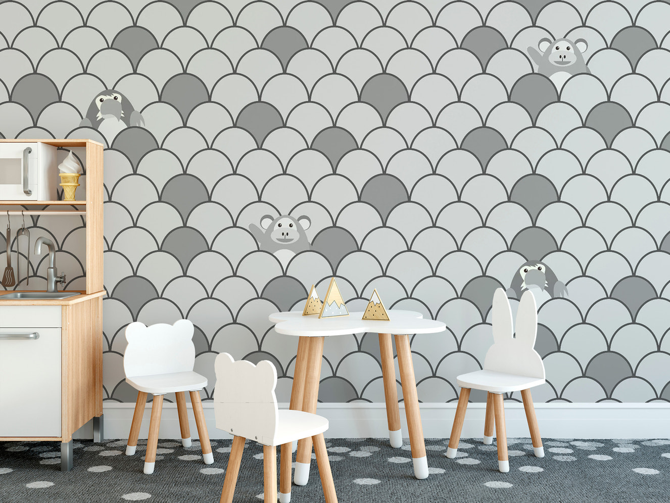 Grey Color Kids Animated Motifs Wallpaper Mural design
