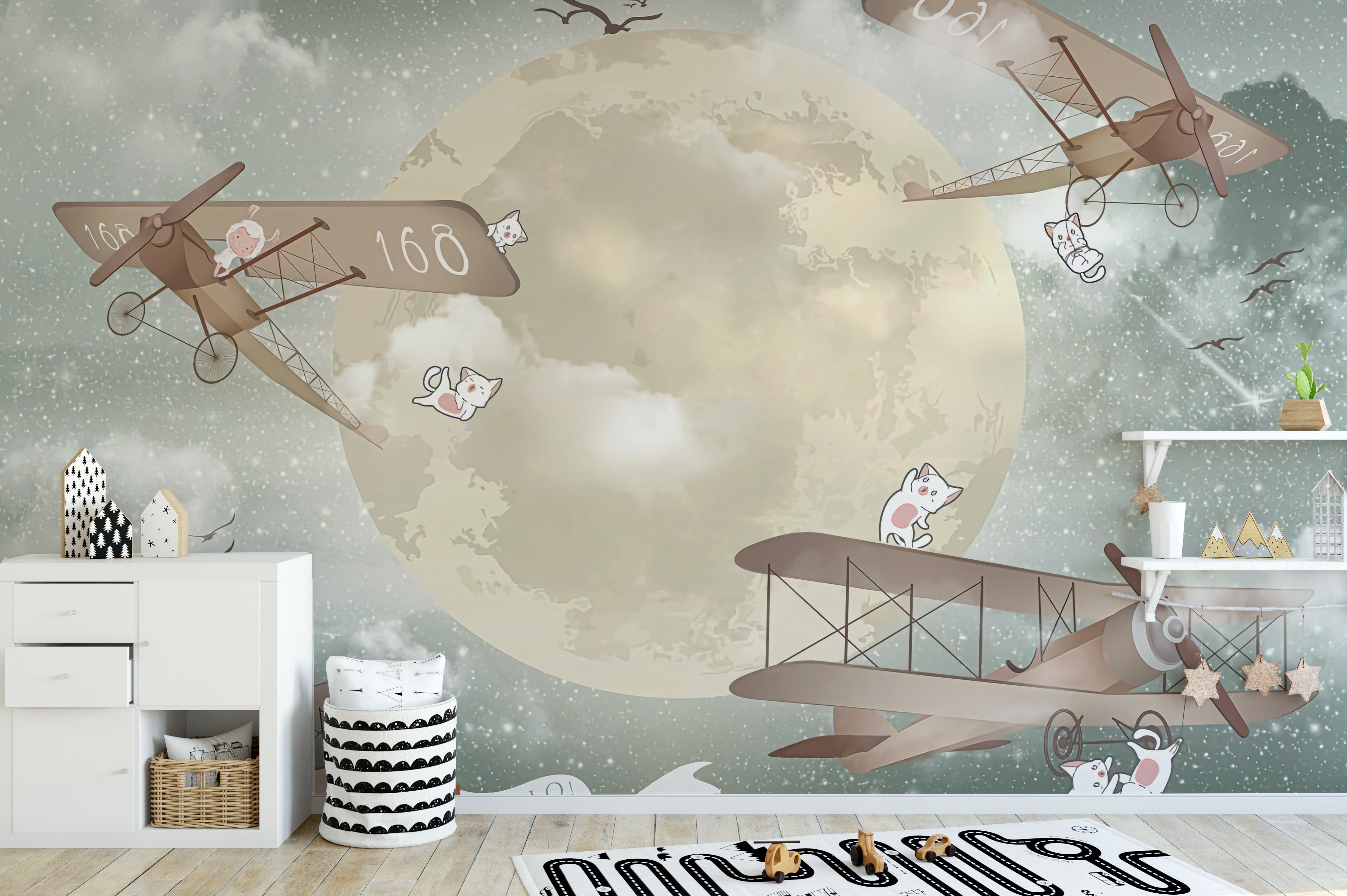 Whimsical airplanes in moonlit sky mural art
