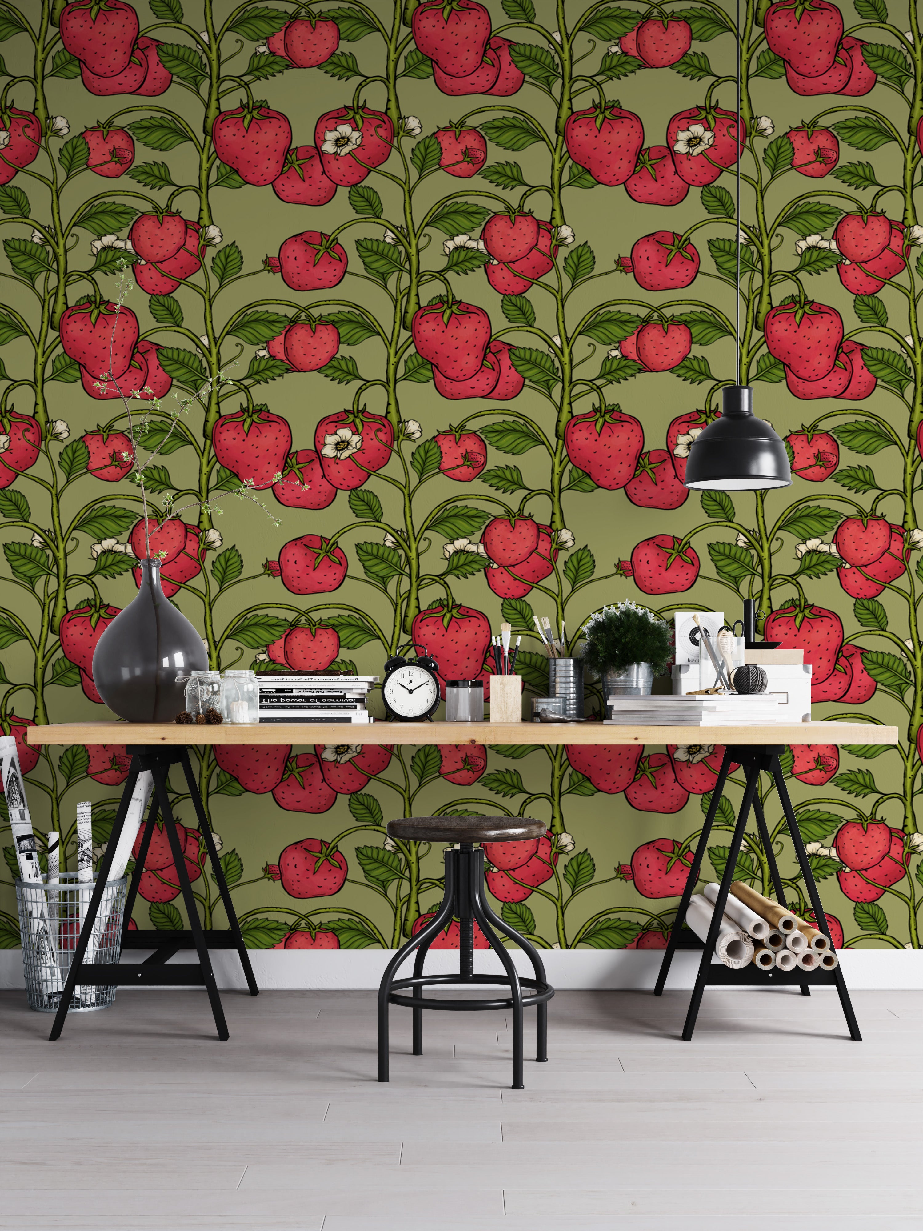 Elegant pink and green strawberry wallpaper for cozy interiors.