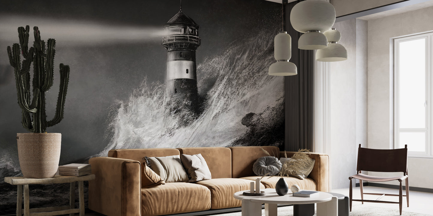 Monochrome Lighthouse in a sea of fierce waters Wallpaper