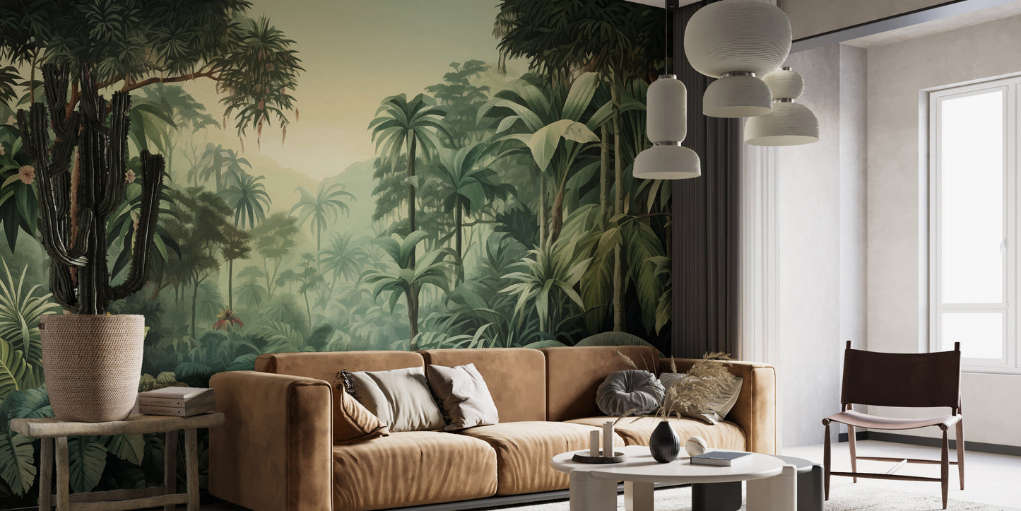 Tropical tree wallpaper mural with misty forest vibes