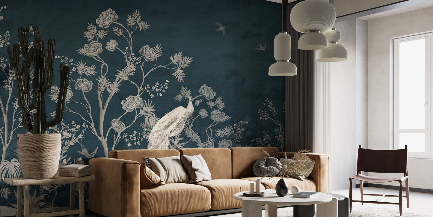 Artistic Natural Green & Blue Tropical Peacocks Wallpaper Mural