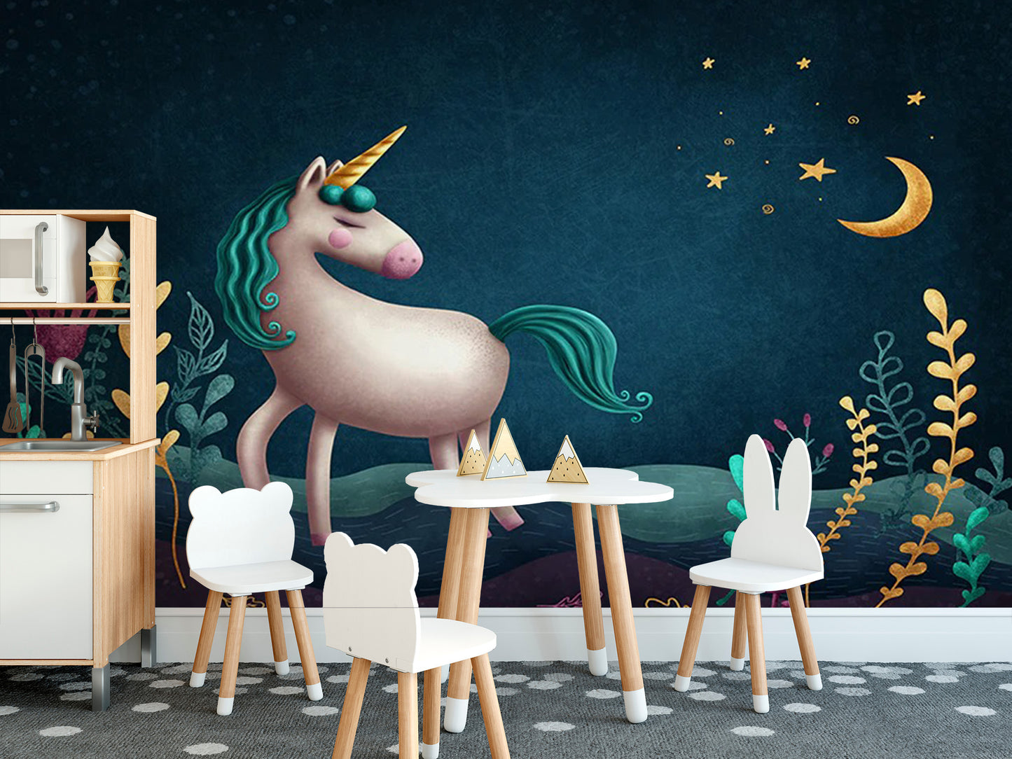 Enchanting Blue & Green Night Unicorn Wallpaper Mural
