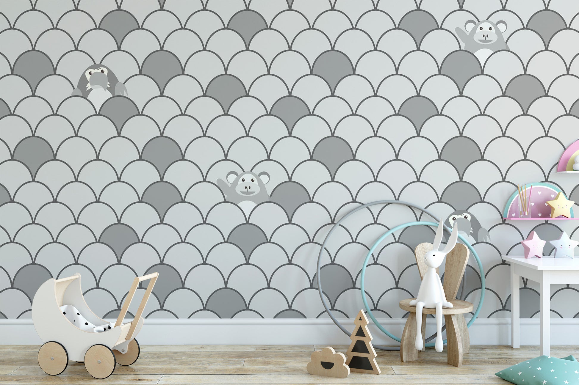 Grey Color Kids Animated Motifs Wallpaper Mural for rooms
