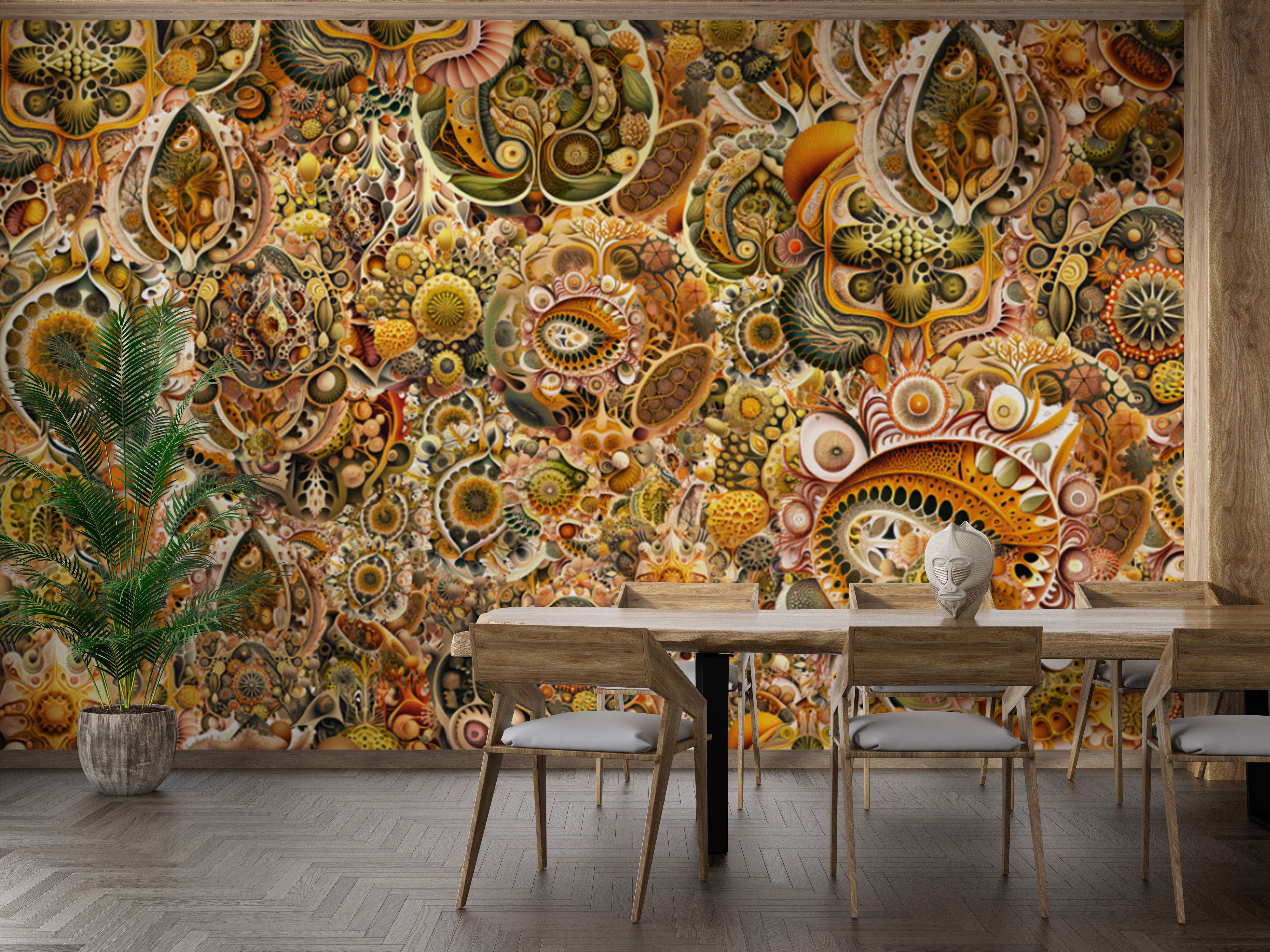 Stunning yellow-brown abstract Haeckel wallpaper mural for modern interiors.