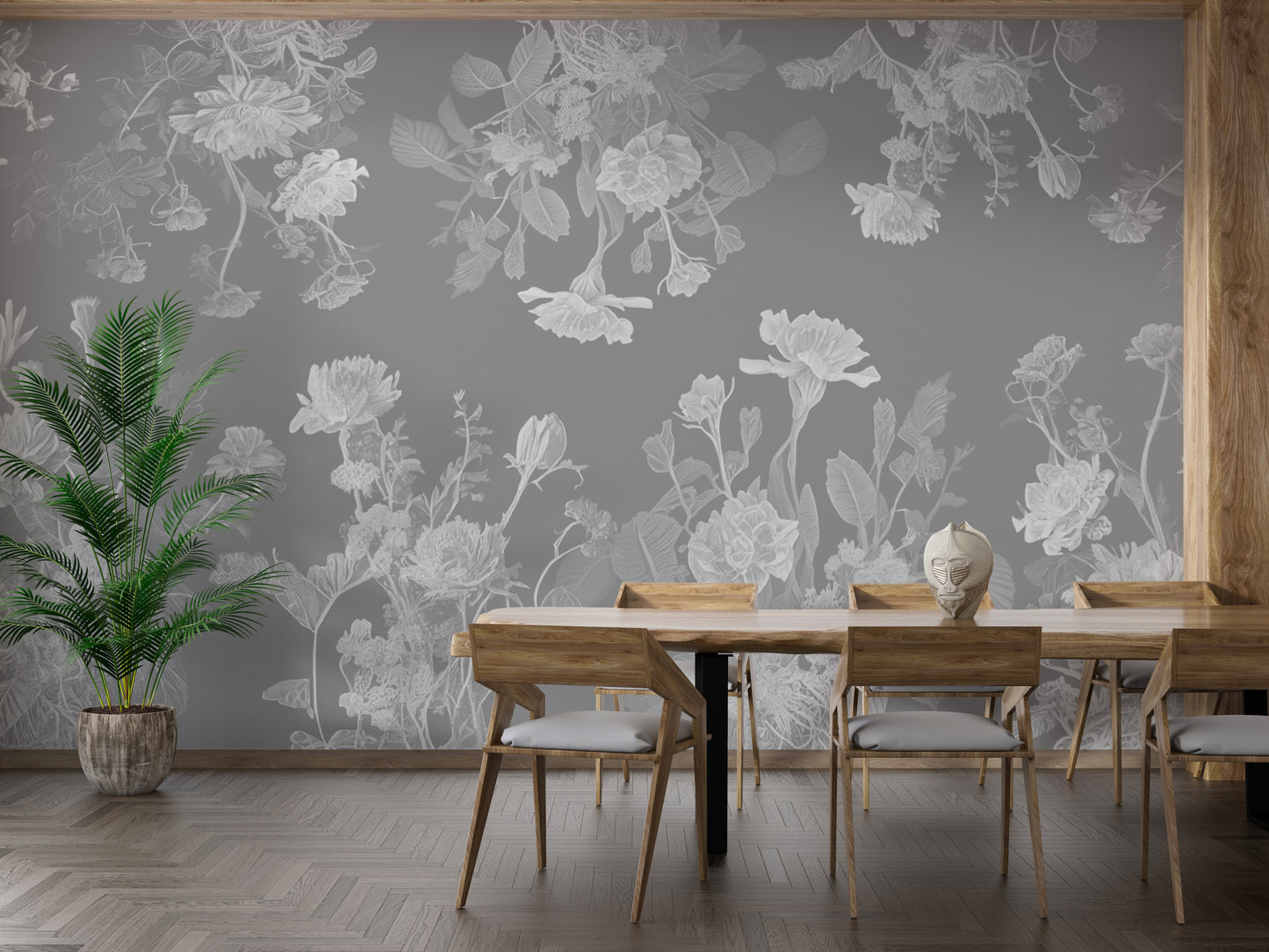 Subtle and modern gray flower mural wallpaper for a peaceful retreat.