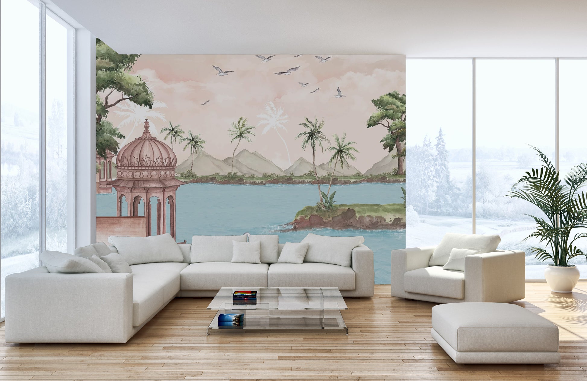 Decorative Watercolour Lakeside View Wall Mural idea
