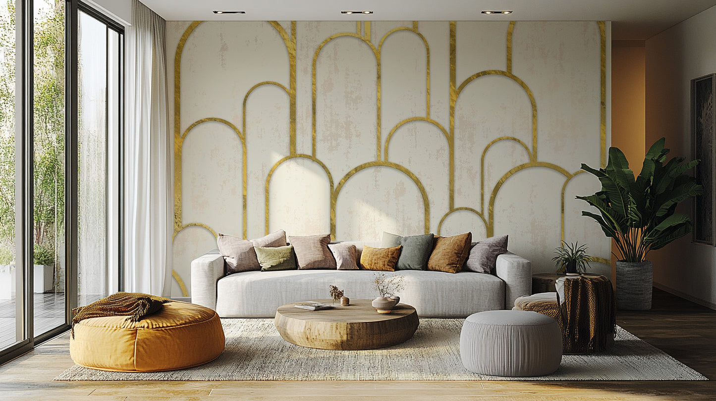 Gold and White Art Deco Wallpaper