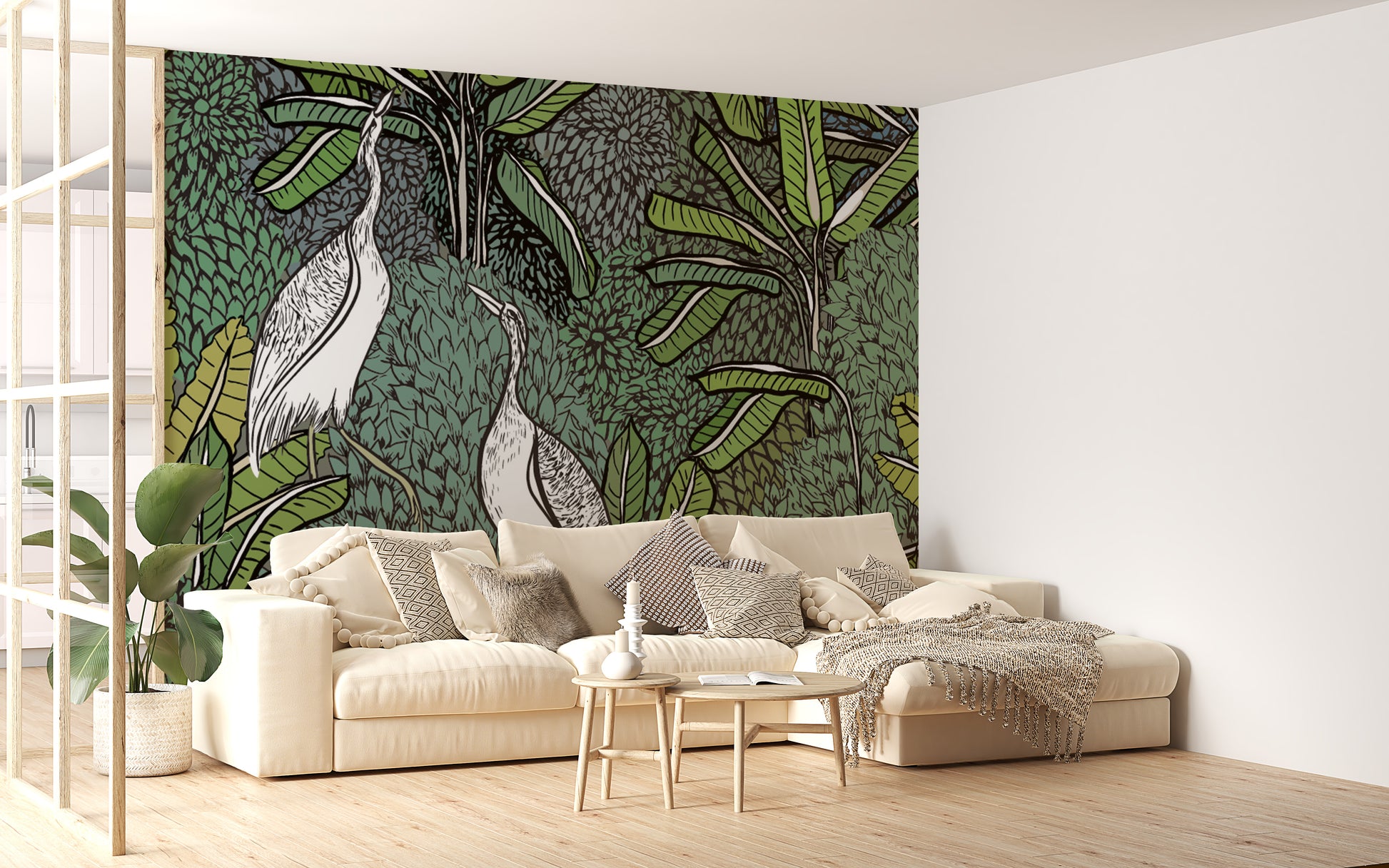 Jungle-inspired wallpaper with birds
