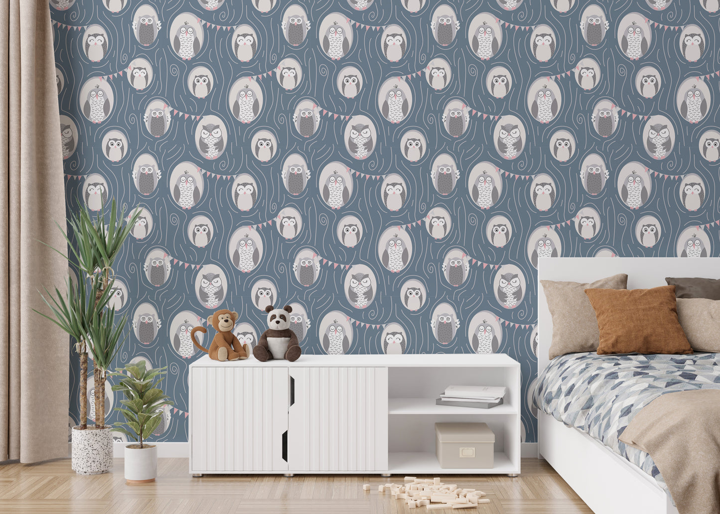 Playful owl-themed mural design
