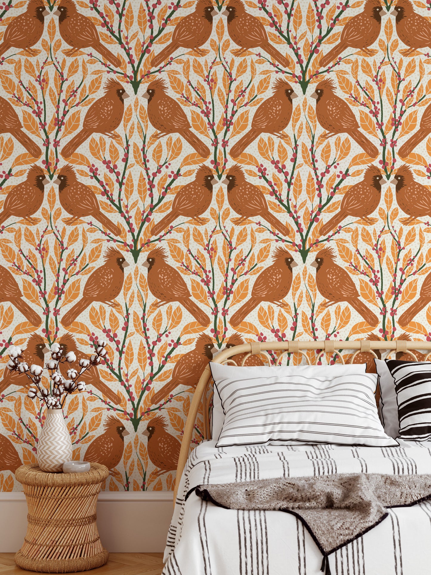 Charming yellow cardinals mural for a cheerful, nature-inspired look.
