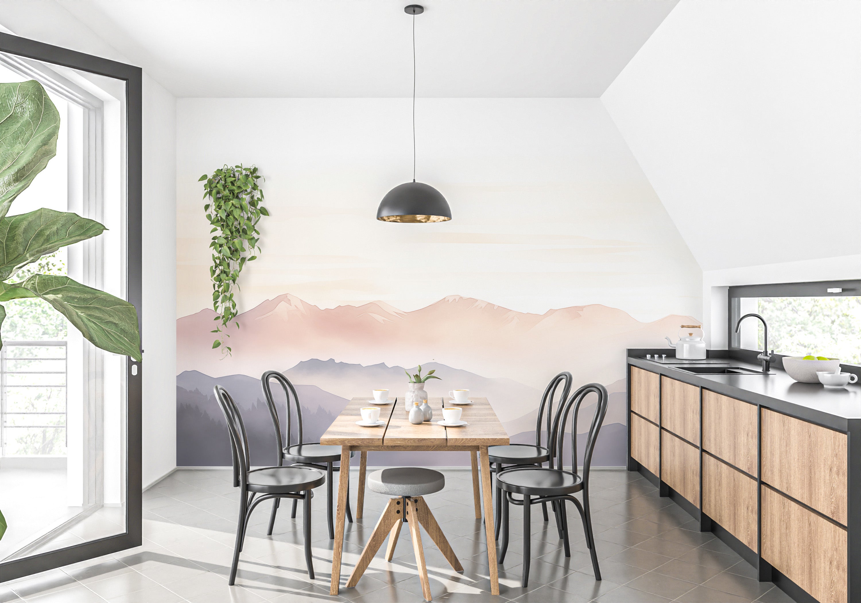 Kitchen feels serene with soft mountain wallpaper designs