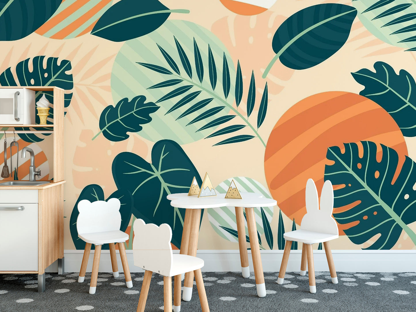 Green Orange Beige Leaves Wallpaper Mural