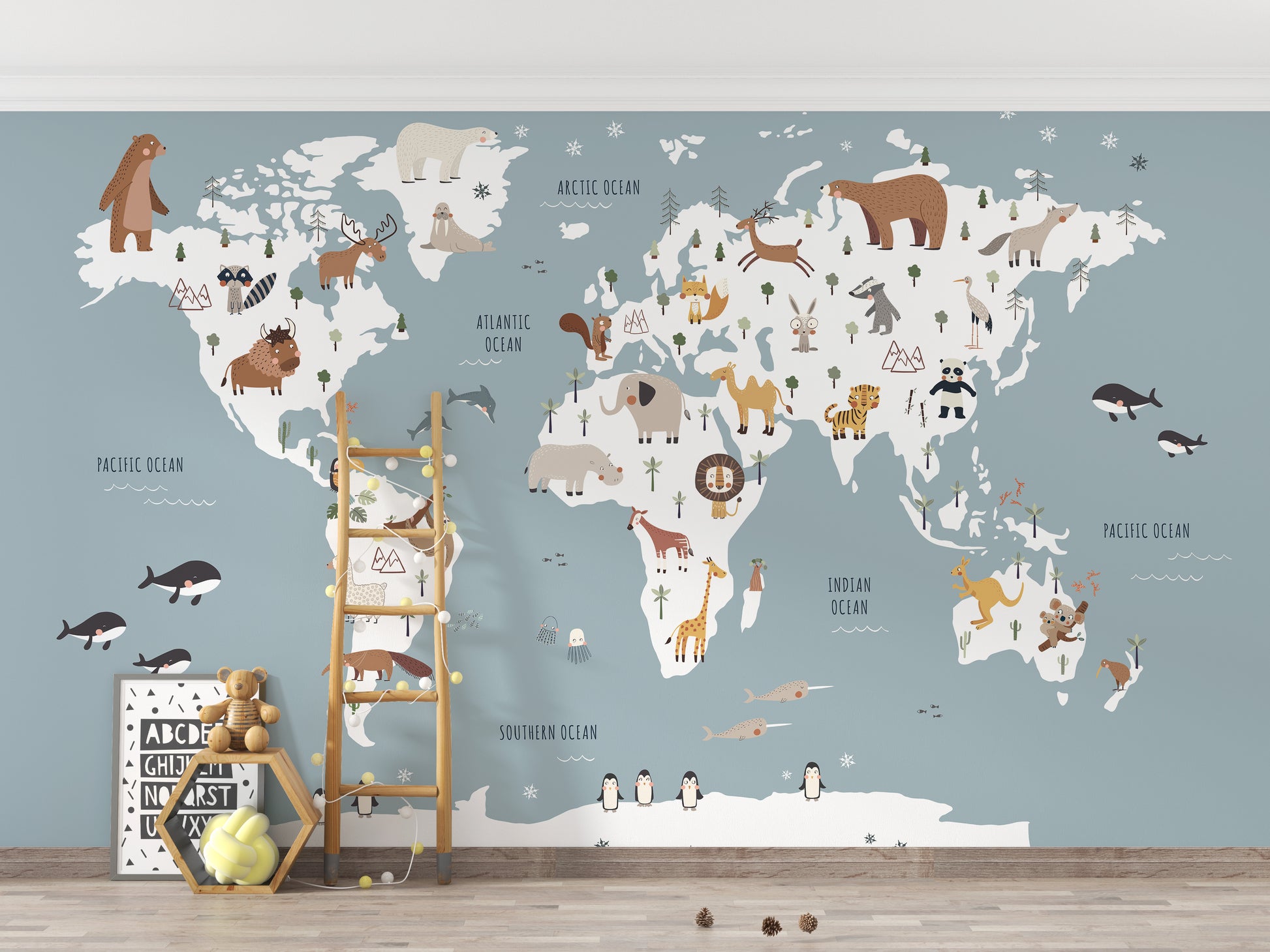 Fun wildlife map wallpaper for kids' decor
