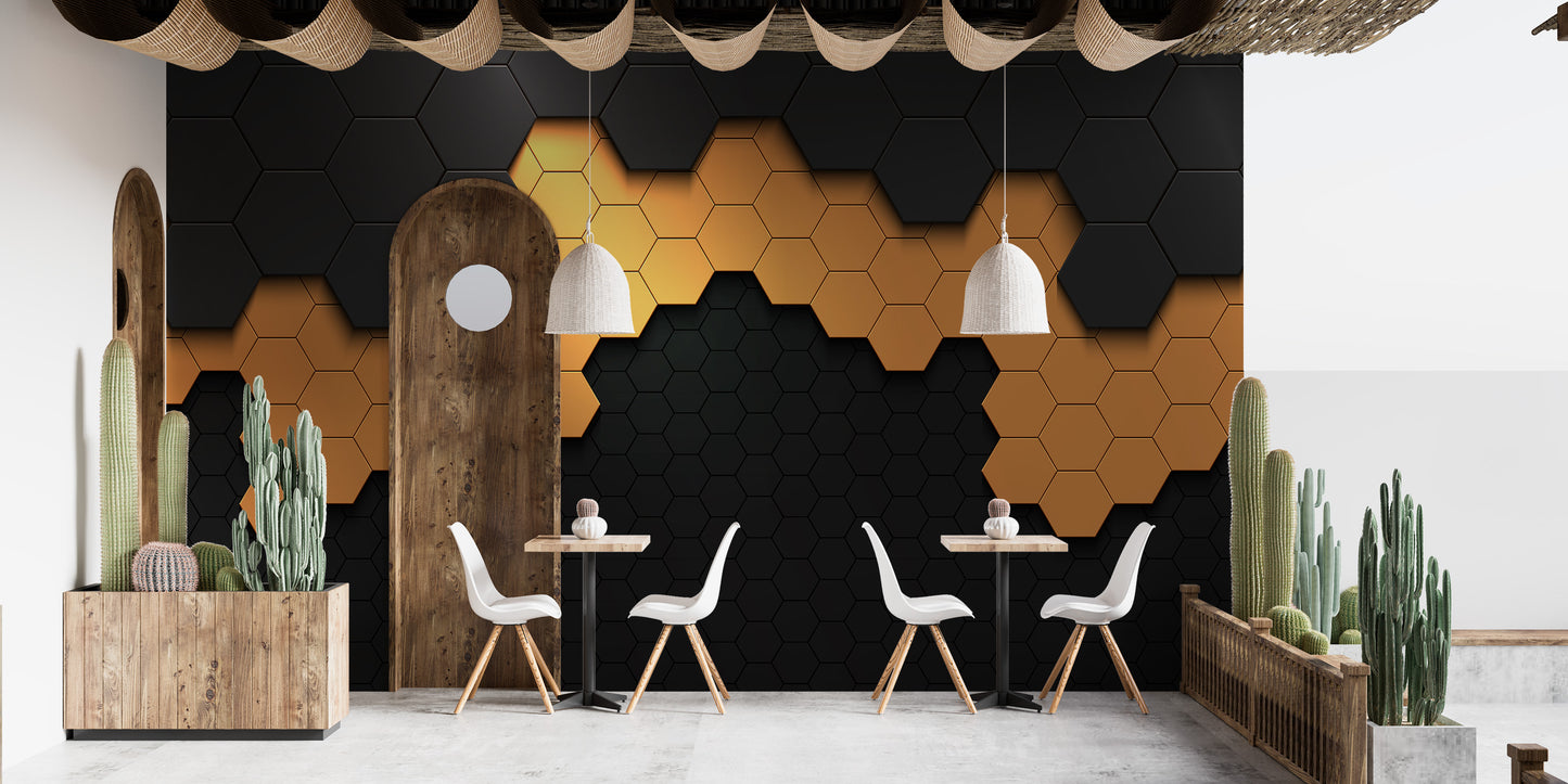 Hexagonal black and gold wallpaper design
